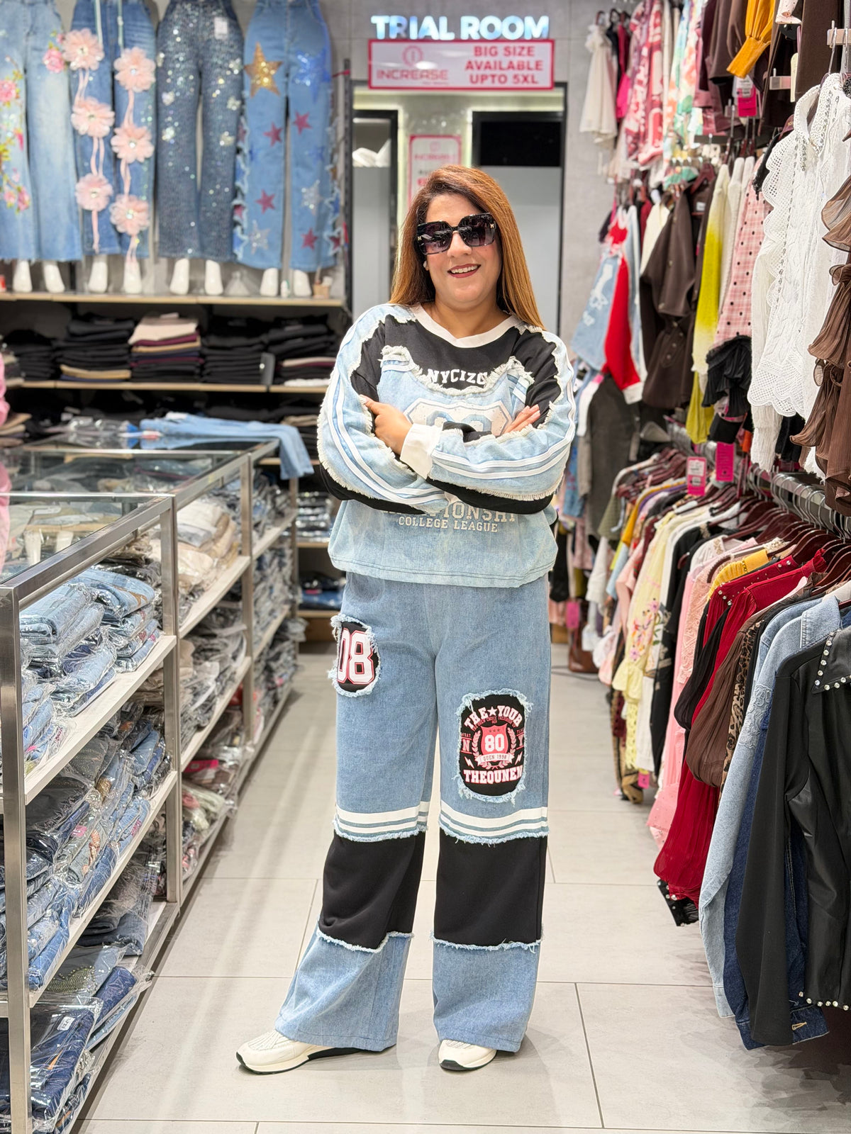 Patchwork Varsity Patch Wide-Leg Denim Jeans