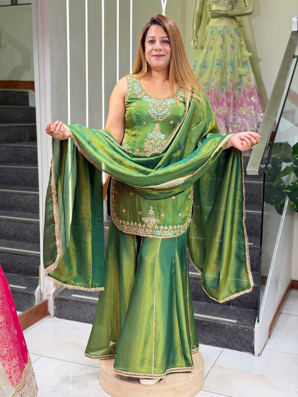 Olive Green Embroidered Sharara Suit Set with Dupatta | Increase Fashion