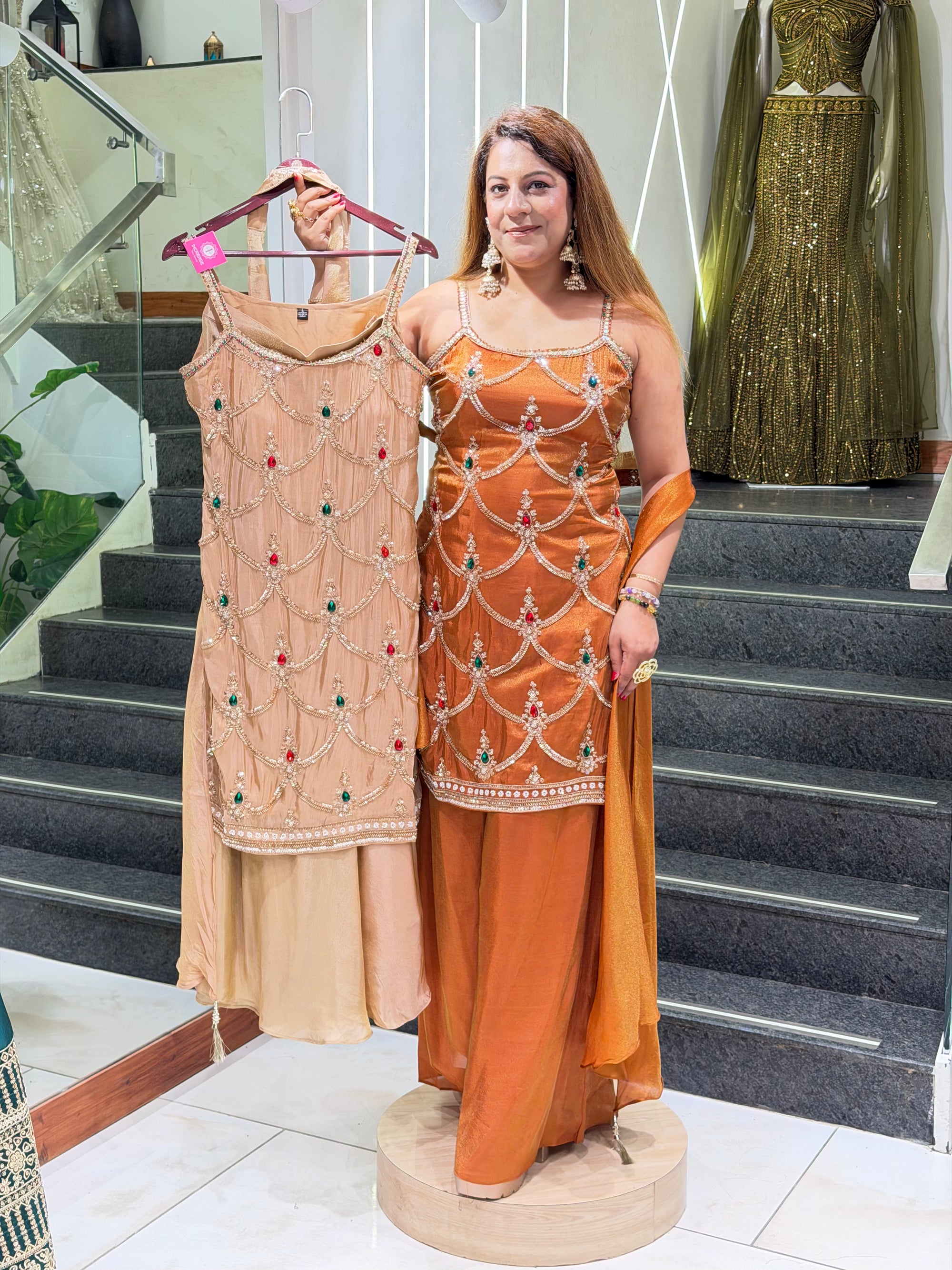 Rust Orange Georgette Strappy Kurti with Embellished Sharara & Dupatta