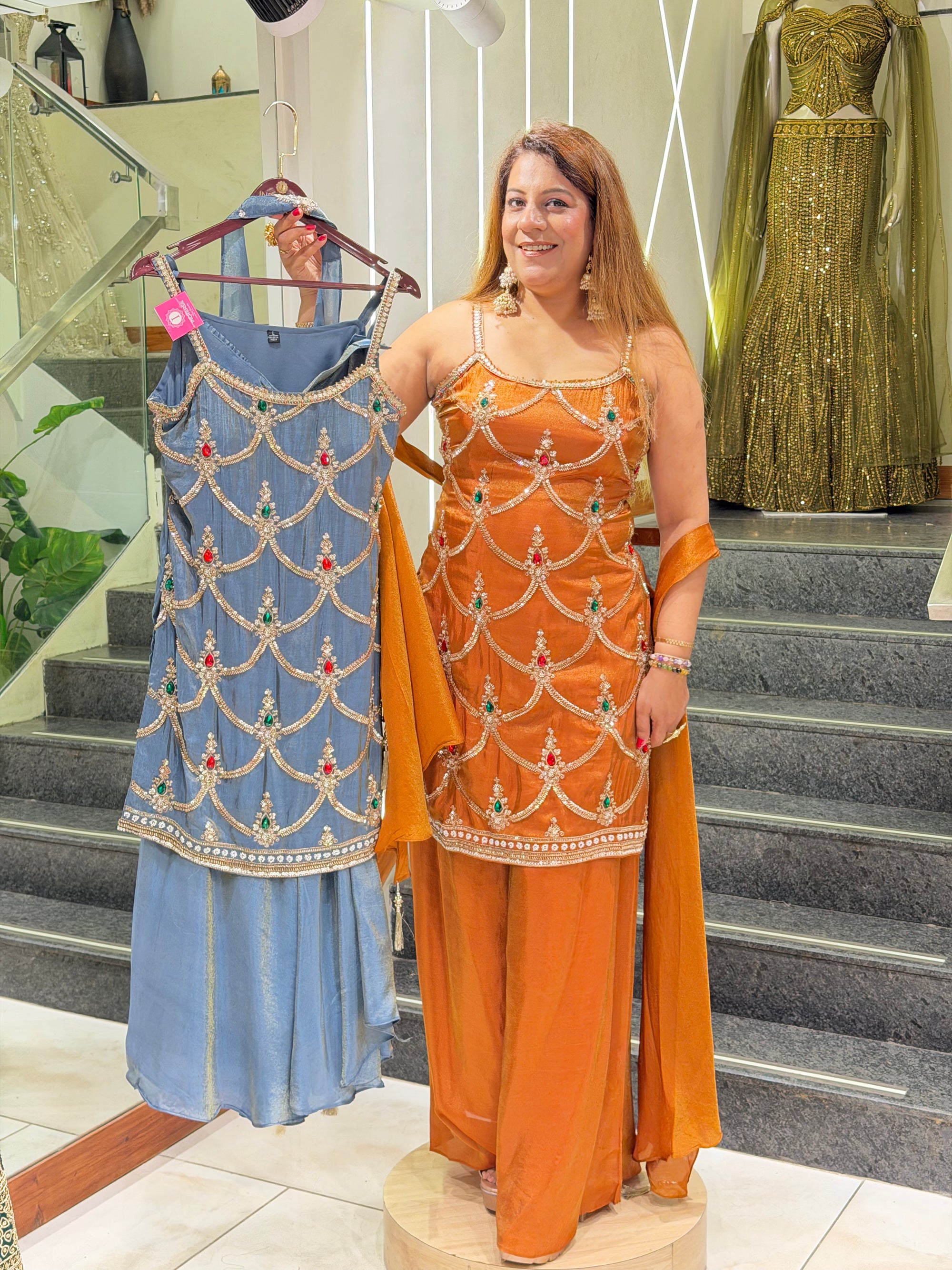 Rust Orange Georgette Strappy Kurti with Embellished Sharara & Dupatta