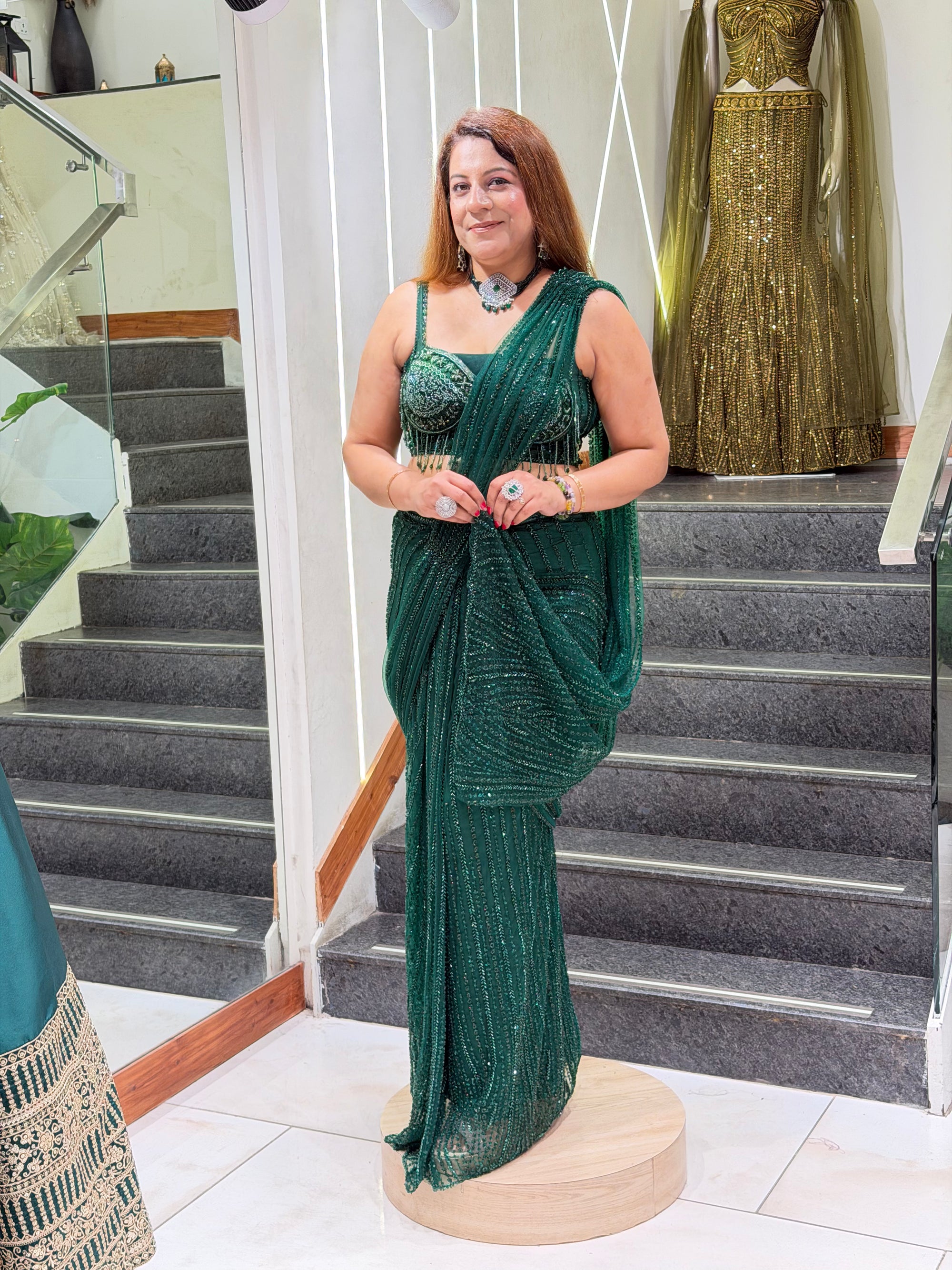 Emerald Green Heavily Embellished Pre-Stitched Dhoti Saree with Bustier Top