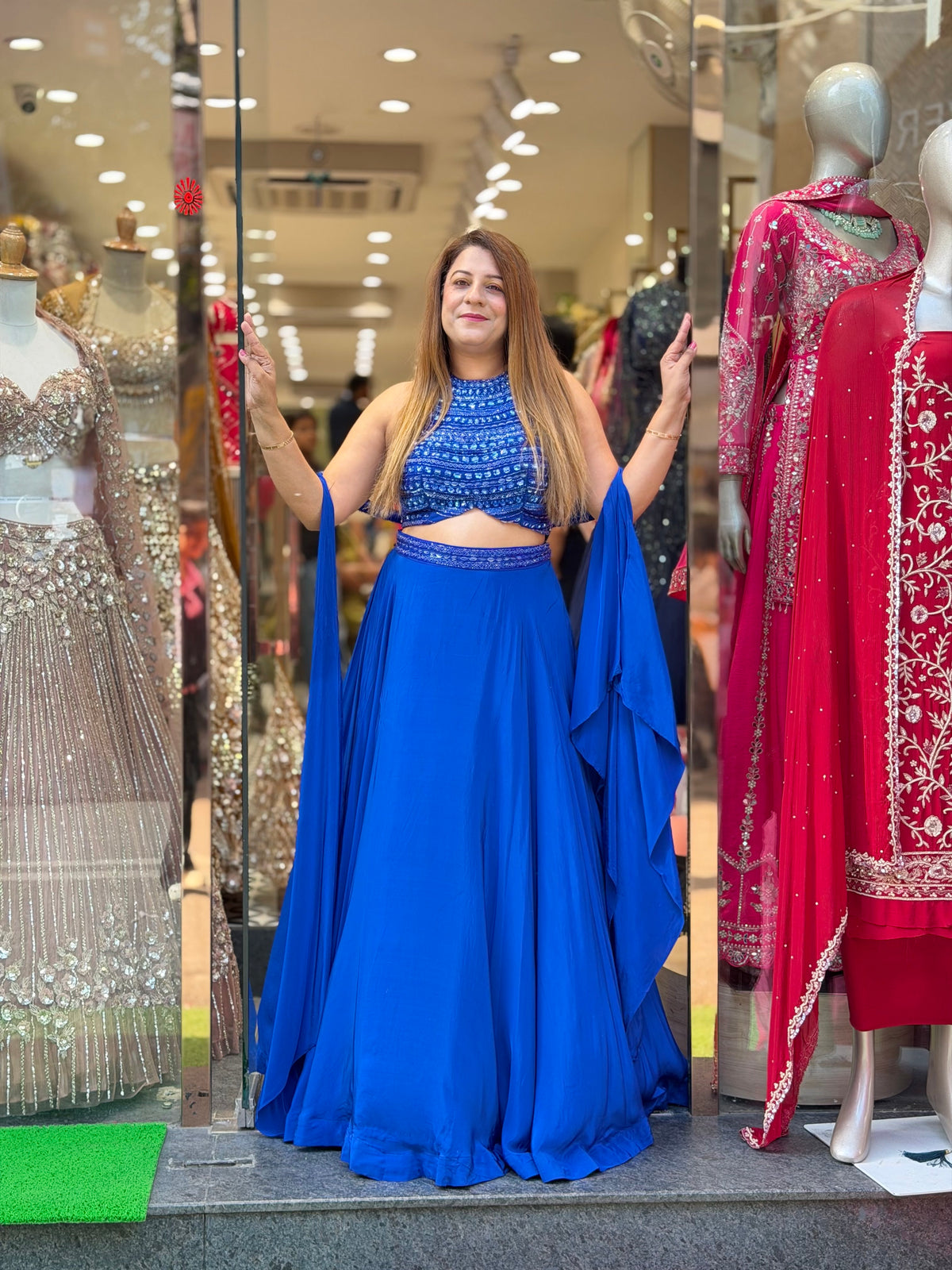 Embellished Halter Crop Top & Flared Skirt Set with Dupatta – Royal Blue