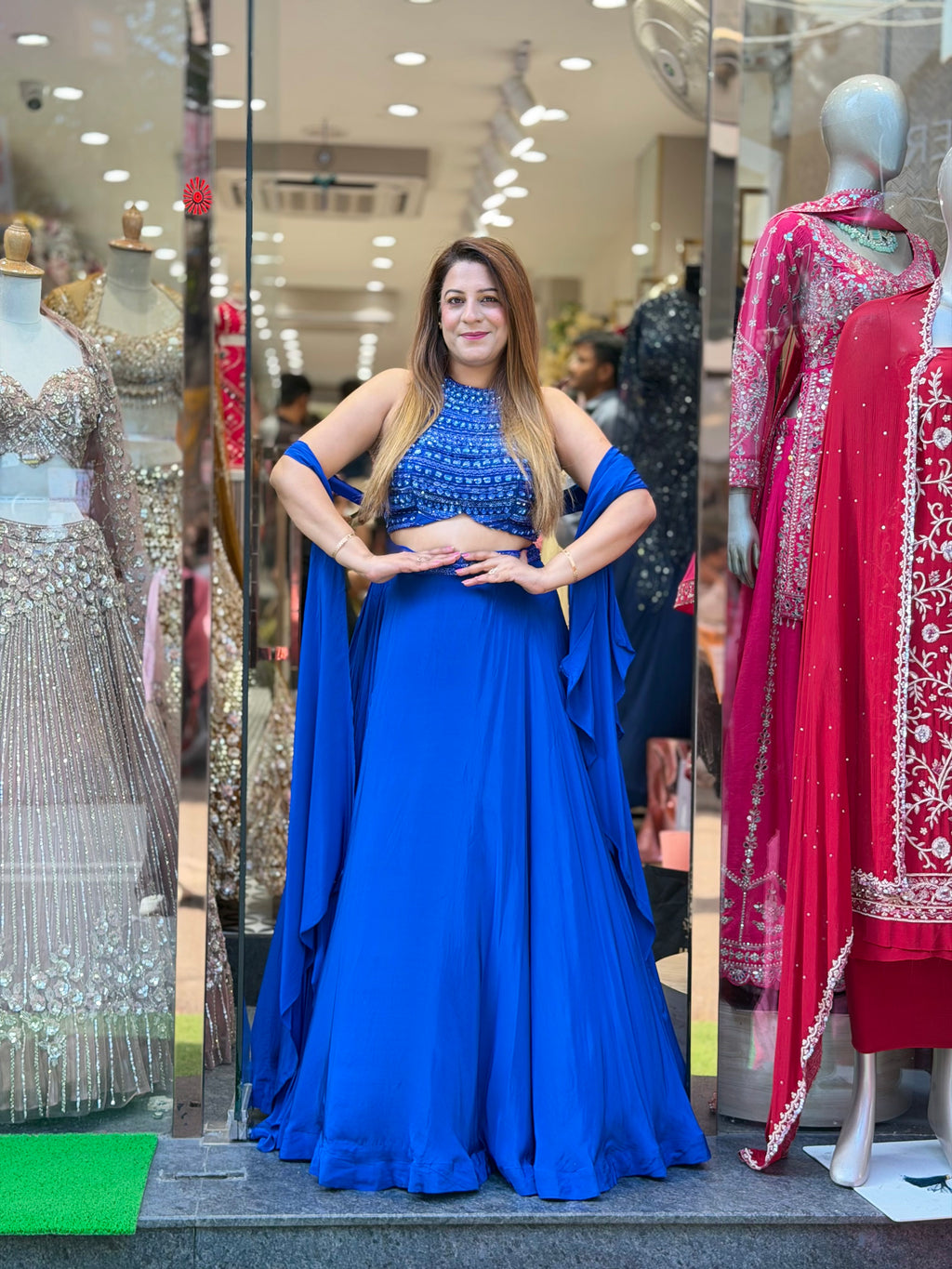 Embellished Halter Crop Top & Flared Skirt Set with Dupatta – Royal Blue
