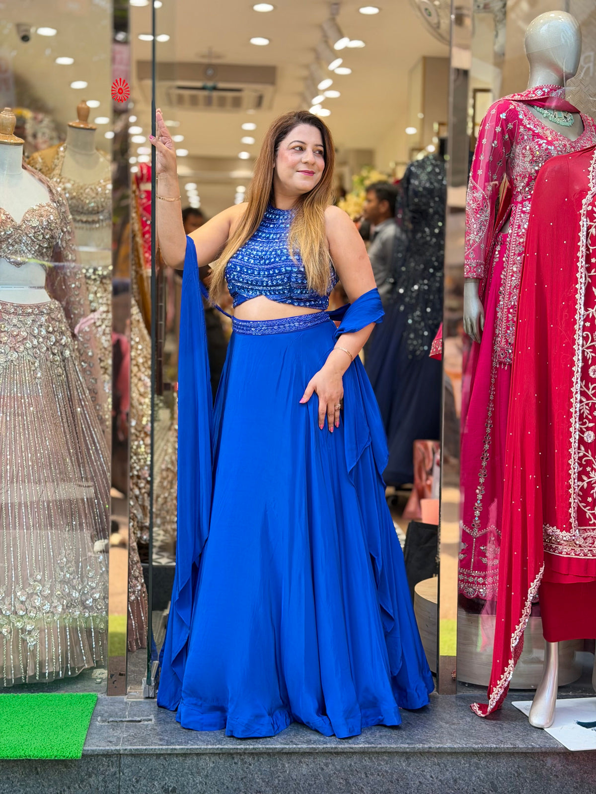 Embellished Halter Crop Top & Flared Skirt Set with Dupatta – Royal Blue