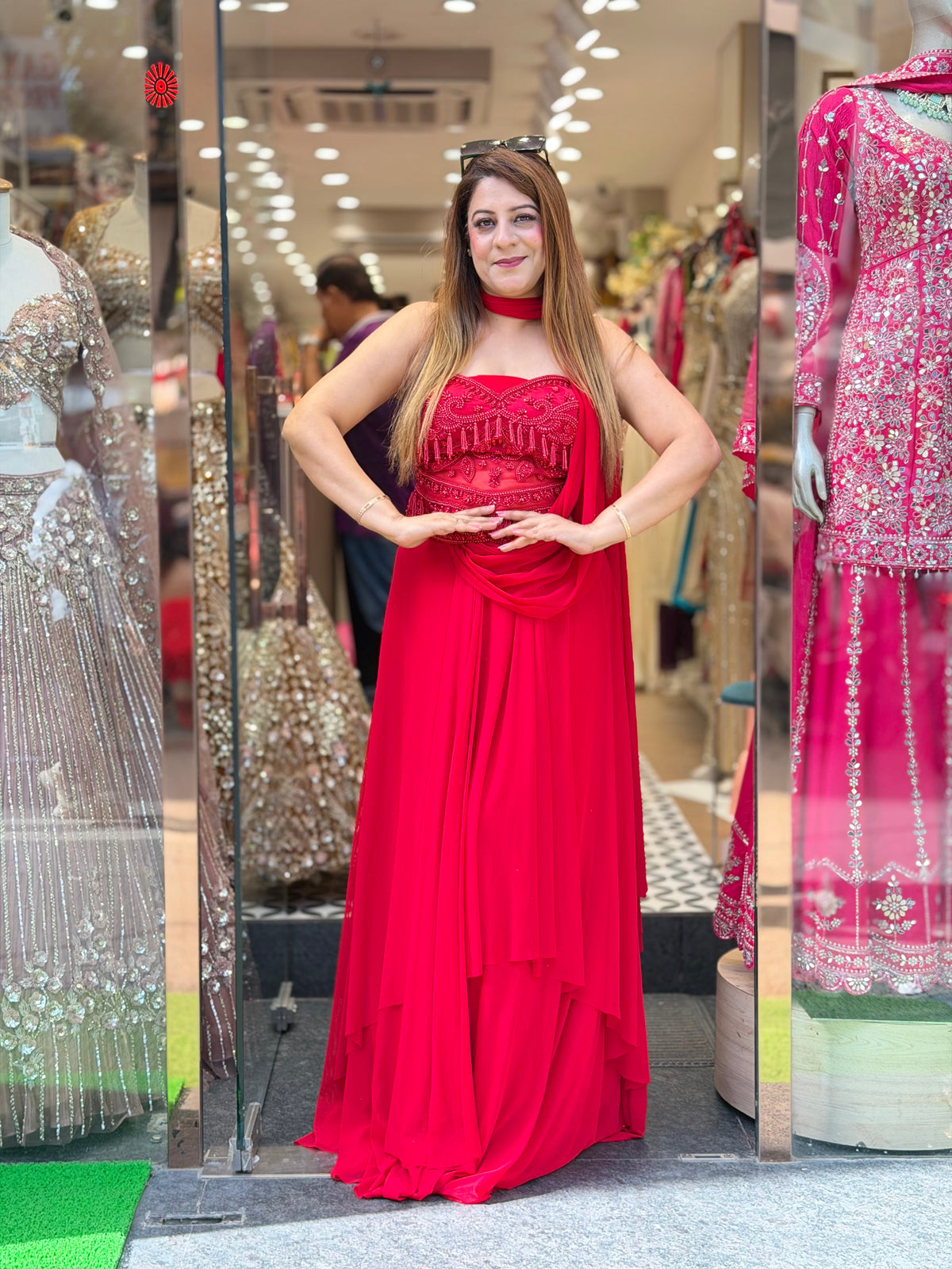 Crimson Red Embellished Corset & Pre-Draped Sharara Set