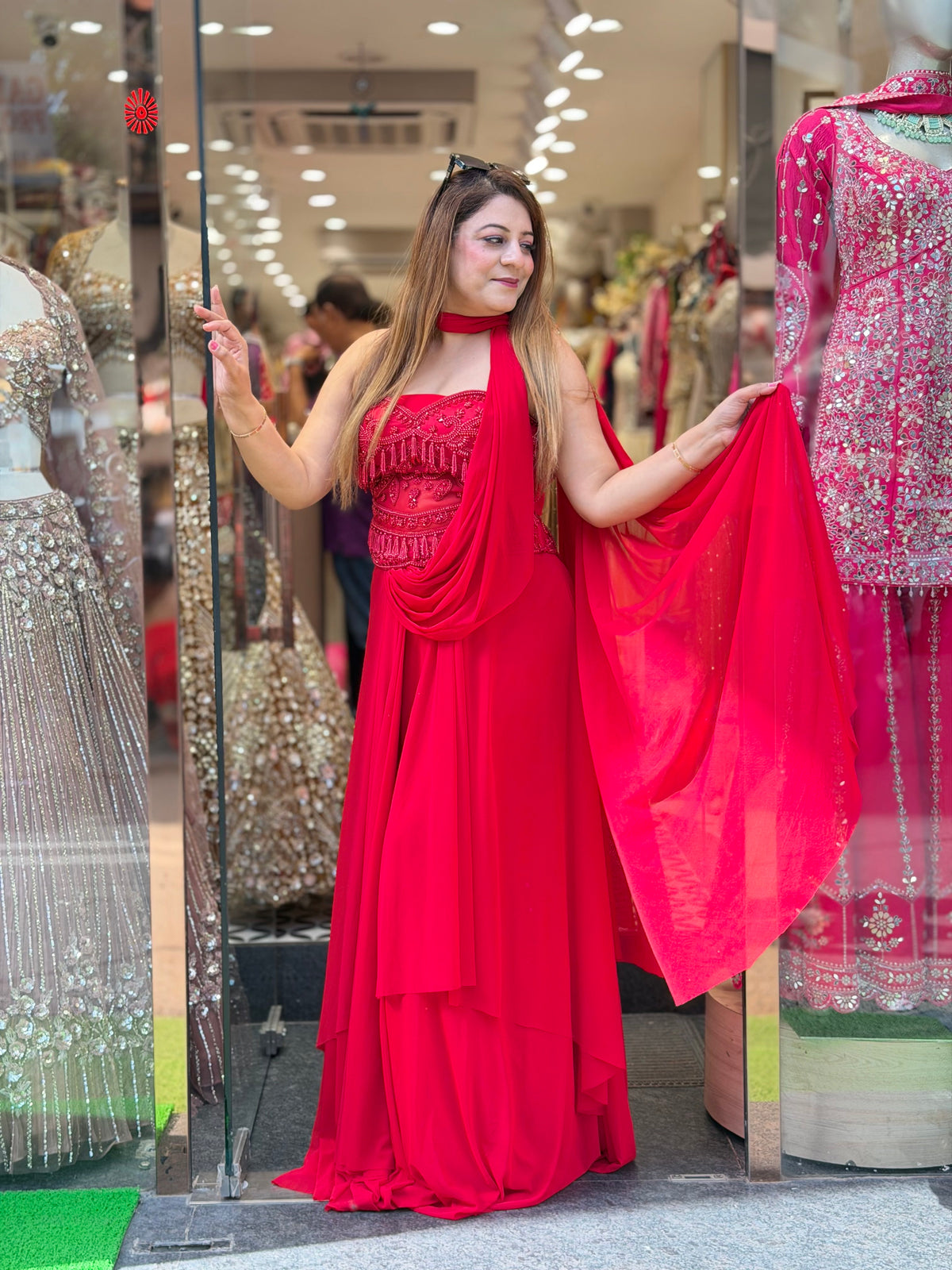 Crimson Red Embellished Corset & Pre-Draped Sharara Set