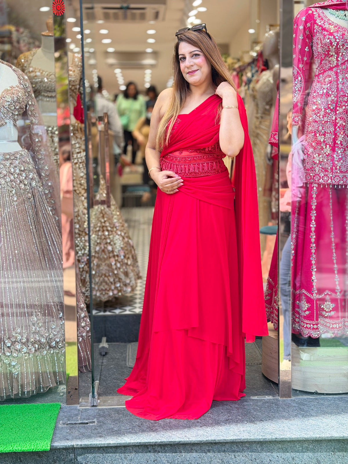 Crimson Red Embellished Corset & Pre-Draped Sharara Set