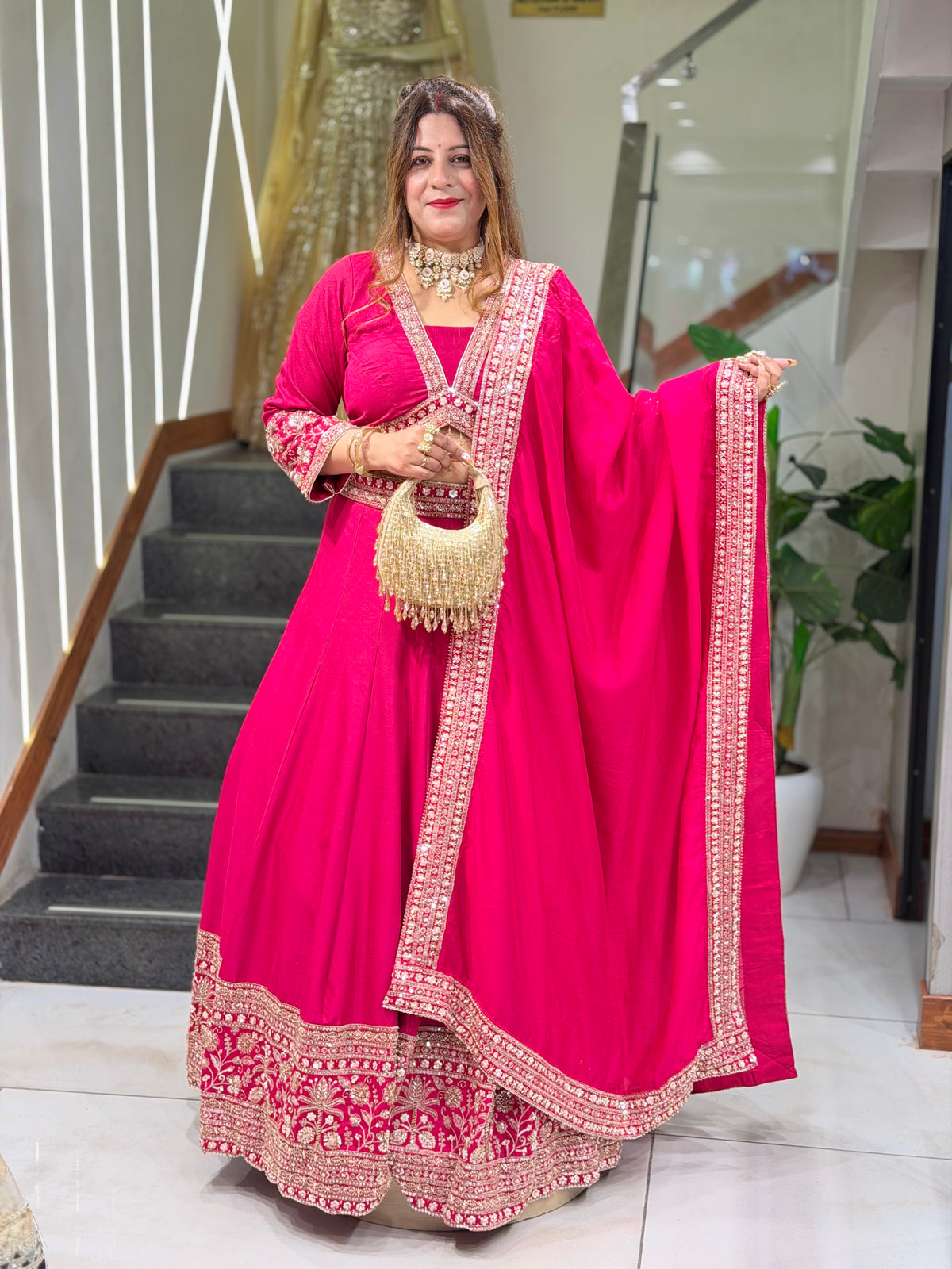 Mirror-Work Embroidered Anarkali Suit Set with Dupatta | Increase Fashion