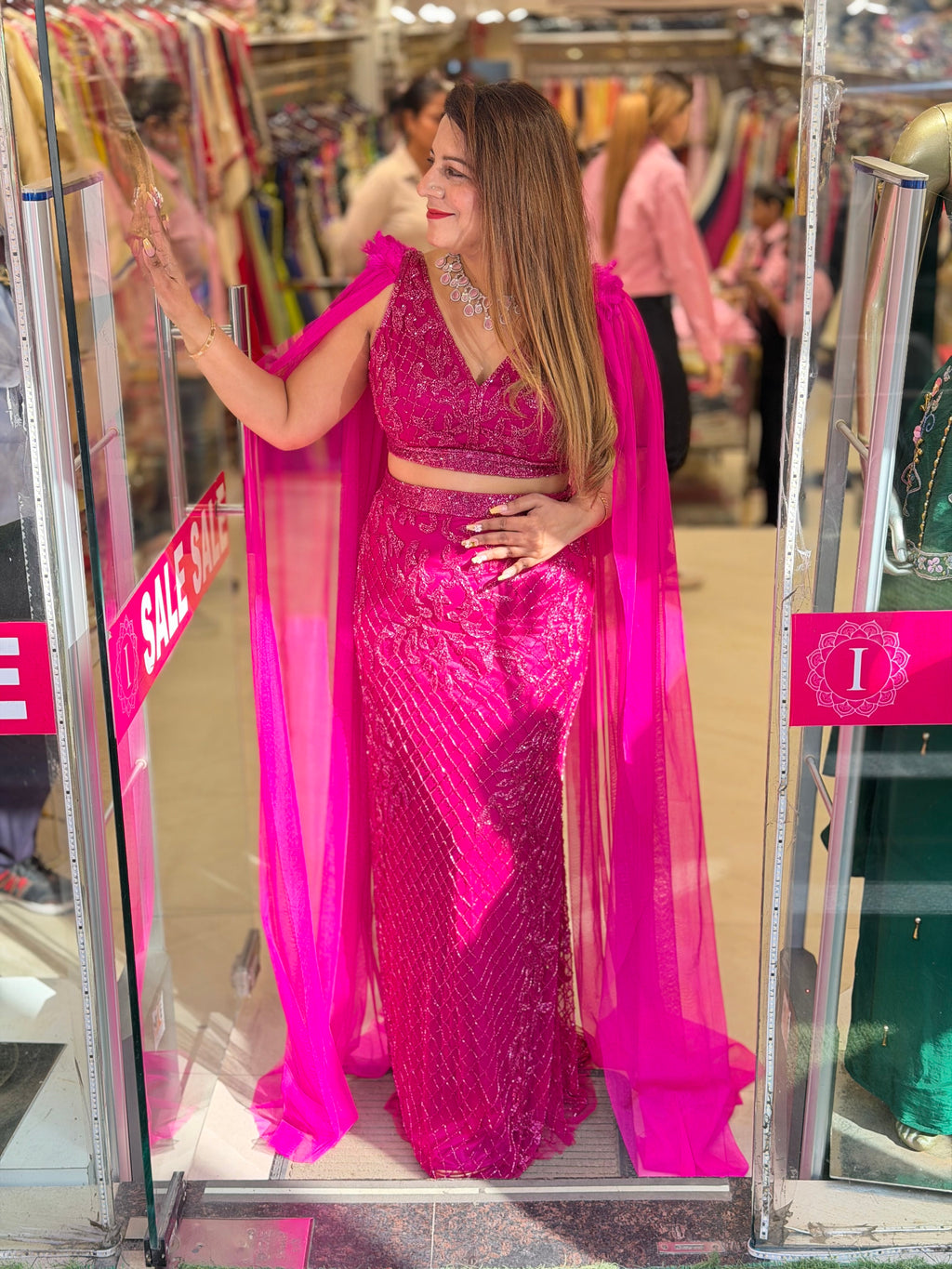 Sequin Crop Top & Fitted Skirt Set with Cape – Magenta Pink
