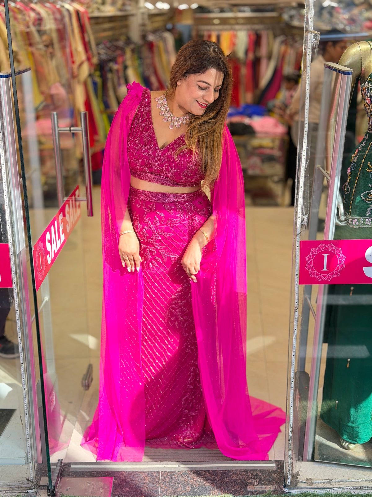 Sequin Crop Top & Fitted Skirt Set with Cape – Magenta Pink