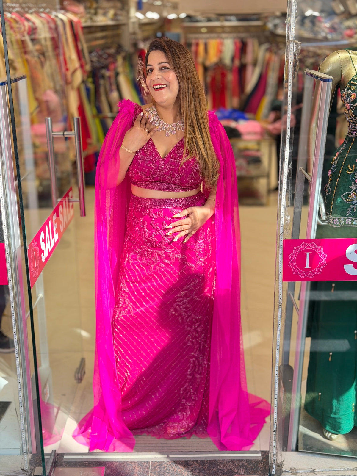 Sequin Crop Top & Fitted Skirt Set with Cape – Magenta Pink