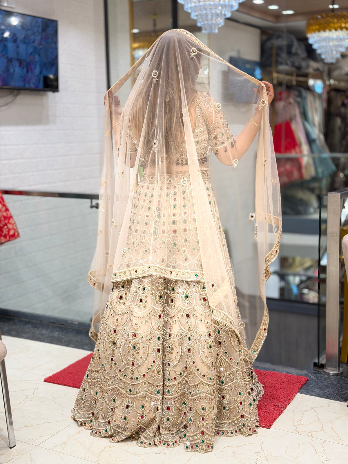 Beige Gold Heavily Embroidered Lehenga Set with Multicolored Stones | Increase Fashion