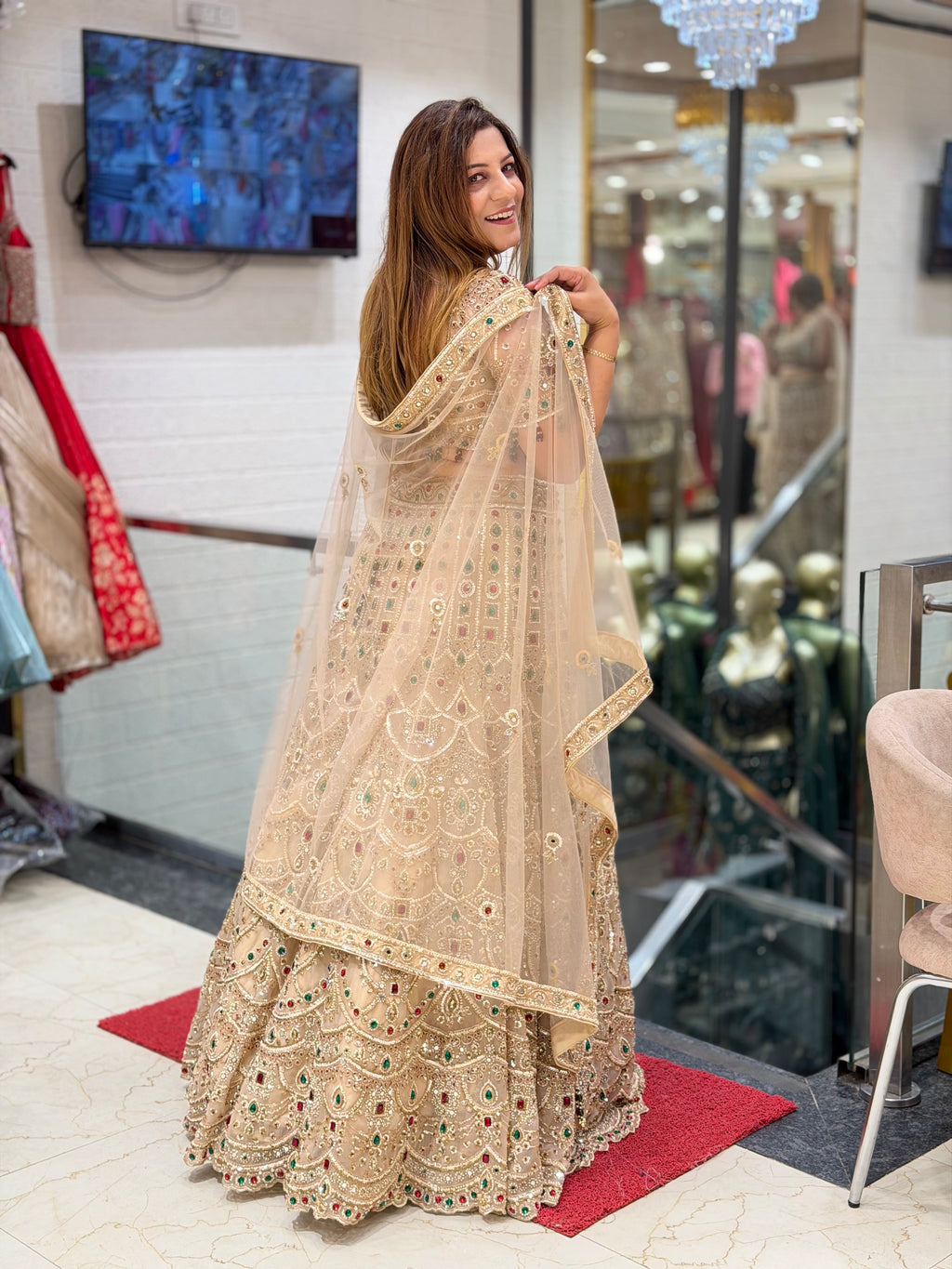 Beige Gold Heavily Embroidered Lehenga Set with Multicolored Stones | Increase Fashion