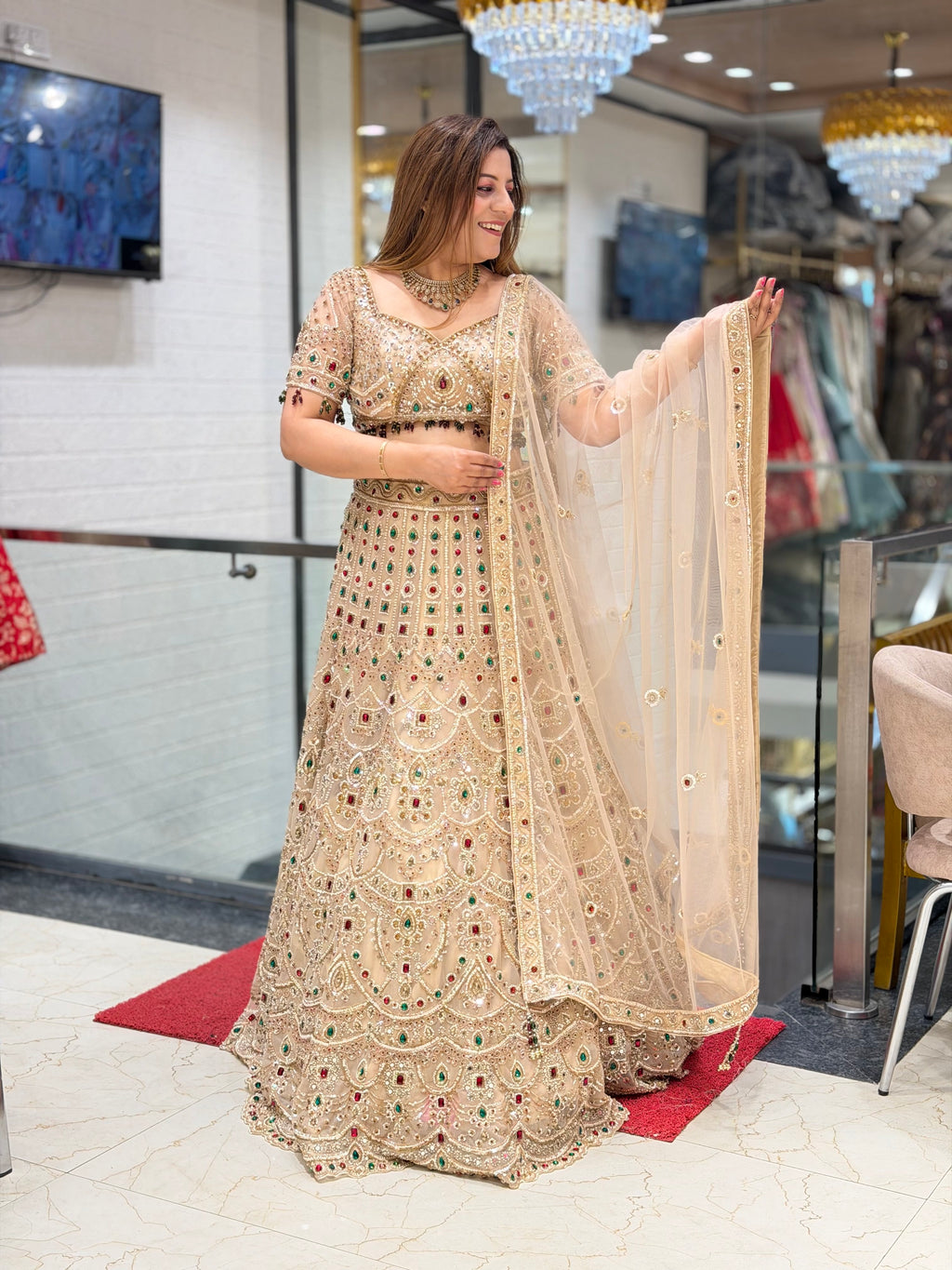 Beige Gold Heavily Embroidered Lehenga Set with Multicolored Stones | Increase Fashion
