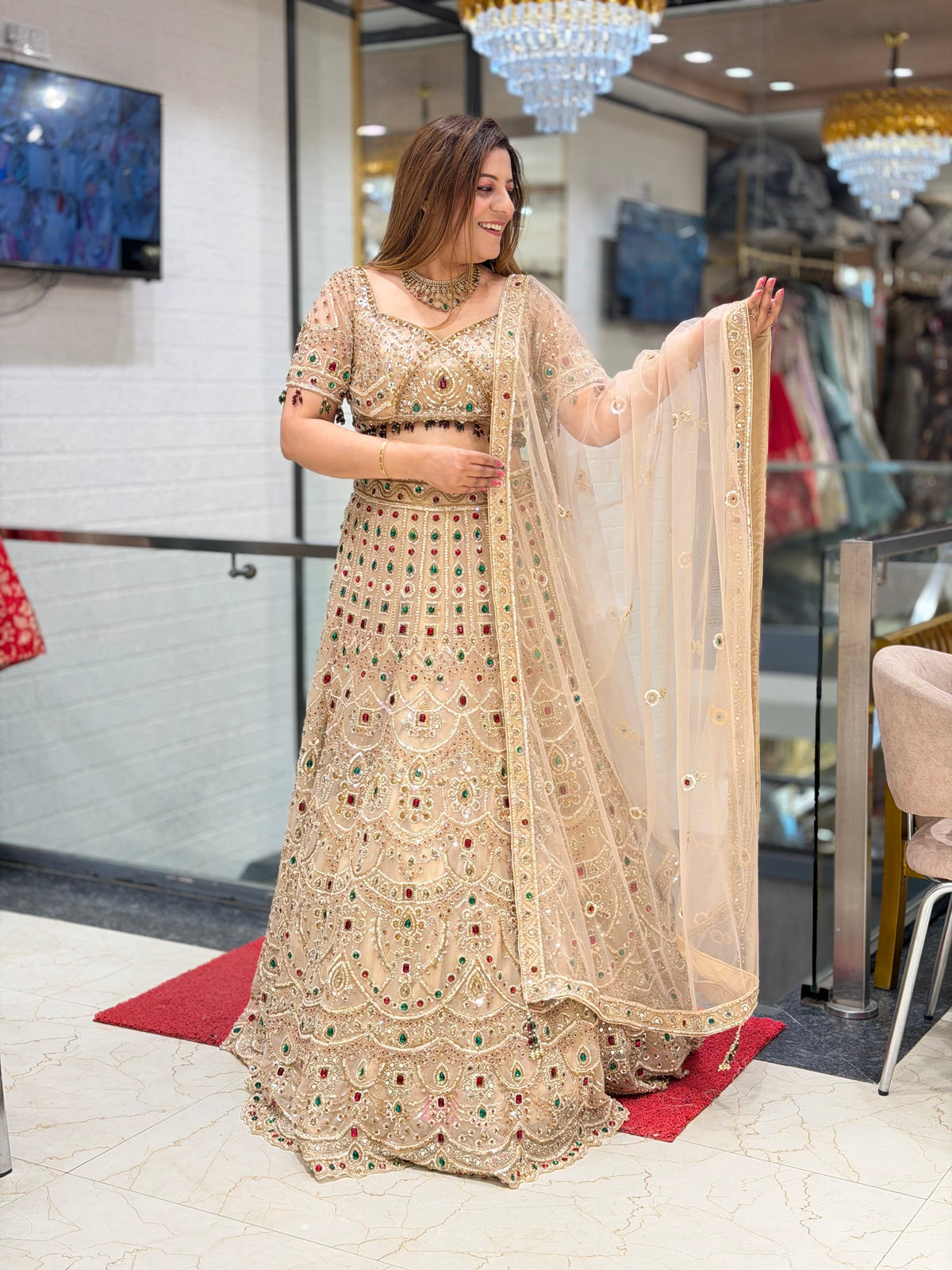 Beige Gold Heavily Embroidered Lehenga Set with Multicolored Stones | Increase Fashion
