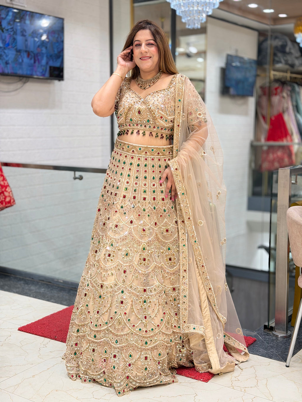 Beige Gold Heavily Embroidered Lehenga Set with Multicolored Stones | Increase Fashion