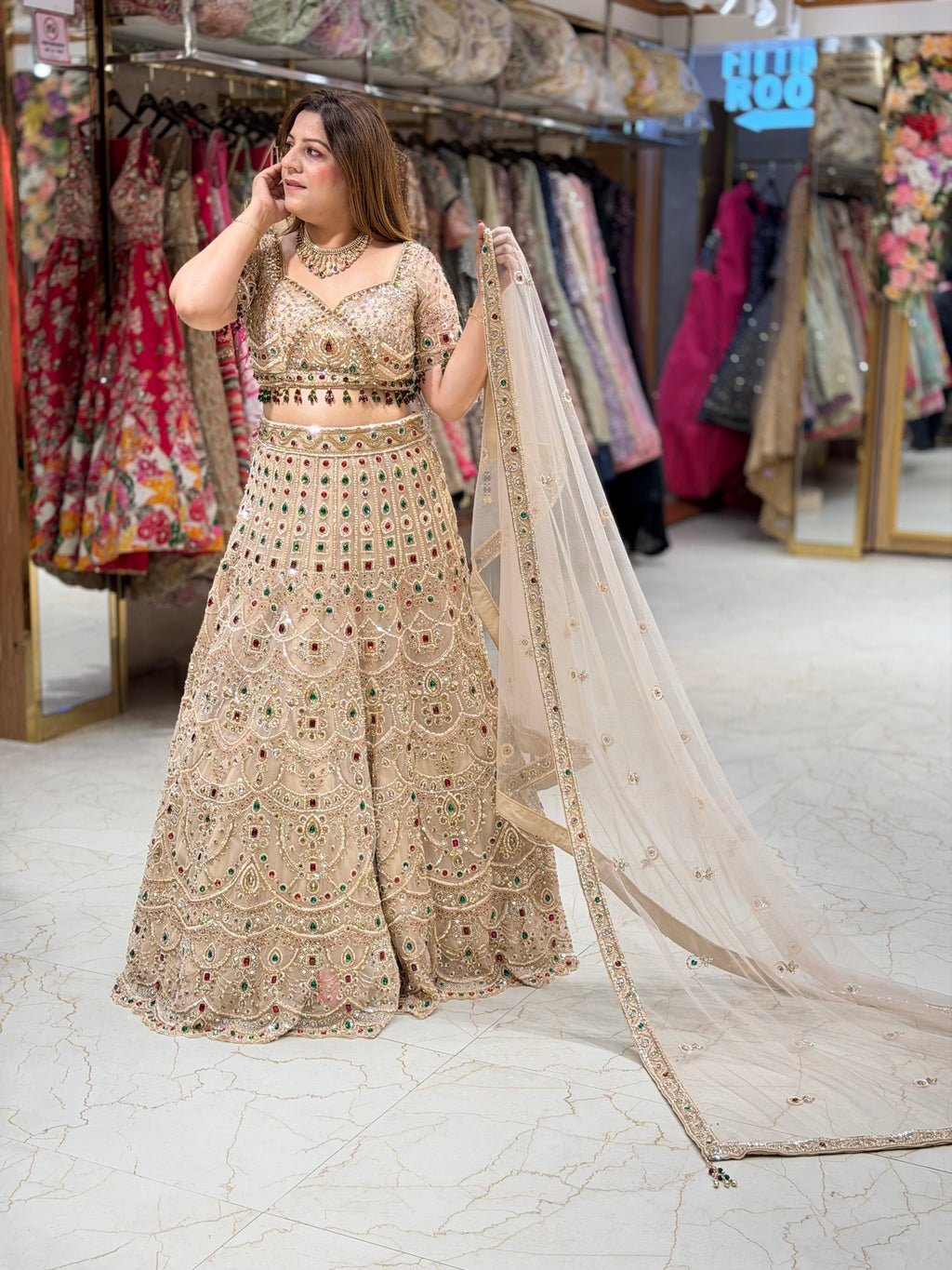 Beige Gold Heavily Embroidered Lehenga Set with Multicolored Stones | Increase Fashion