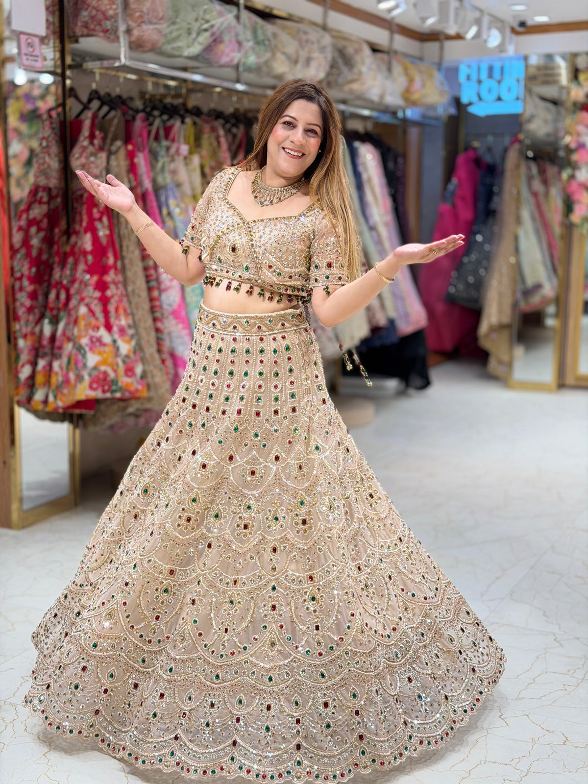 Beige Gold Heavily Embroidered Lehenga Set with Multicolored Stones | Increase Fashion