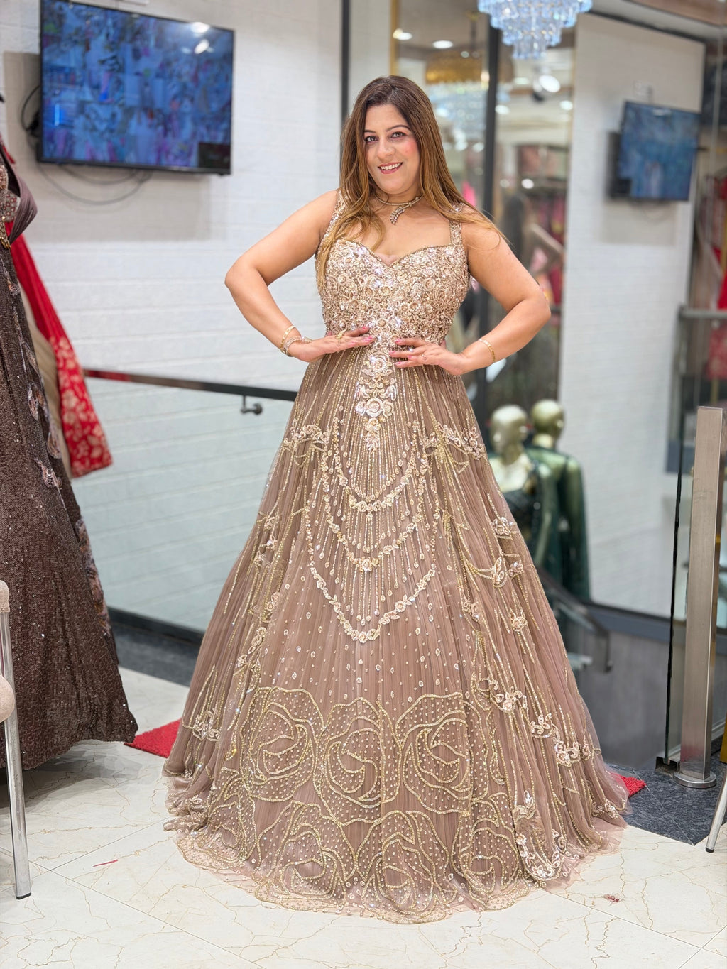 Rose Gold Taupe Heavily Embellished Evening Gown | Increase Fashion