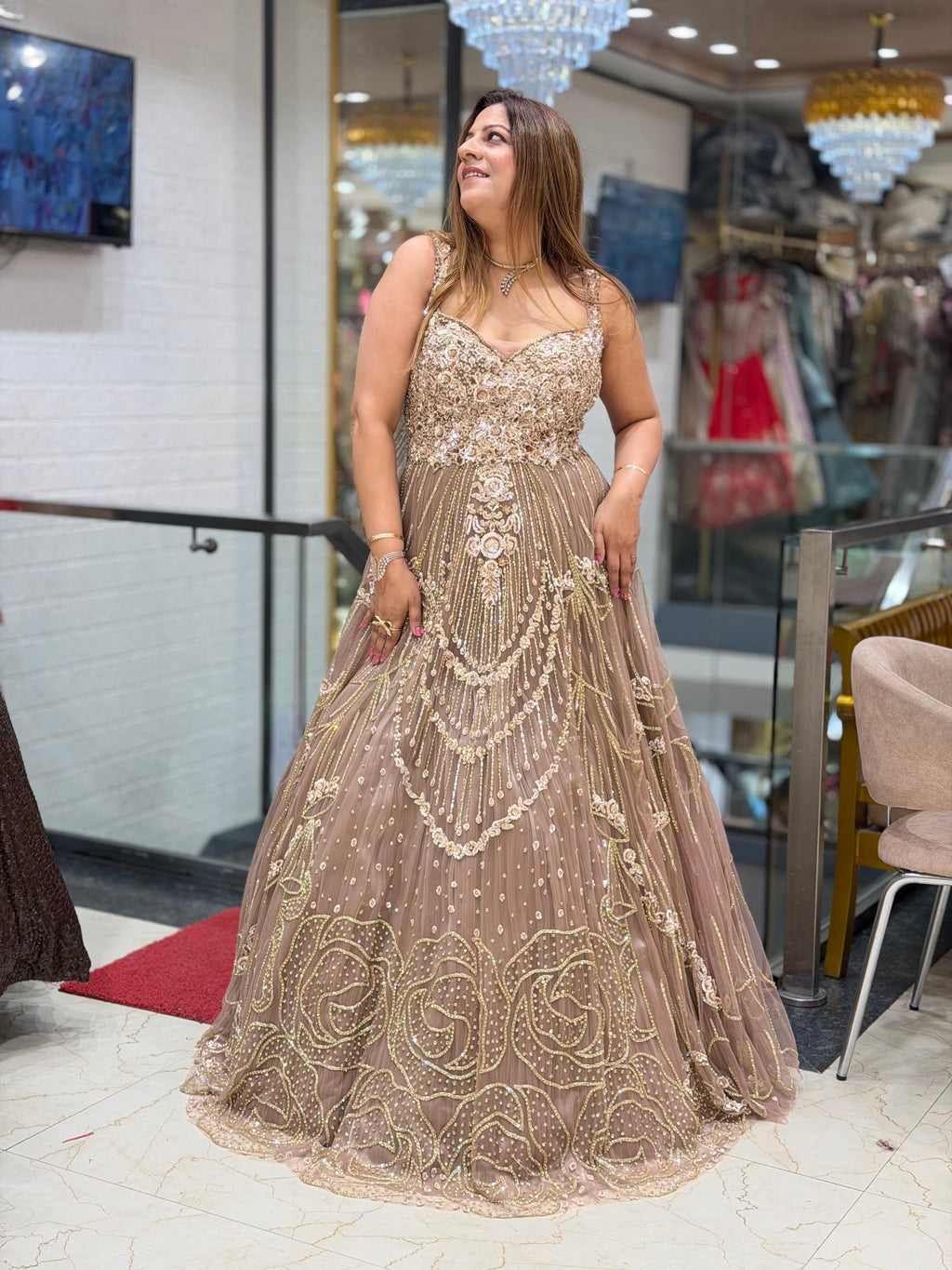 Rose Gold Taupe Heavily Embellished Evening Gown | Increase Fashion