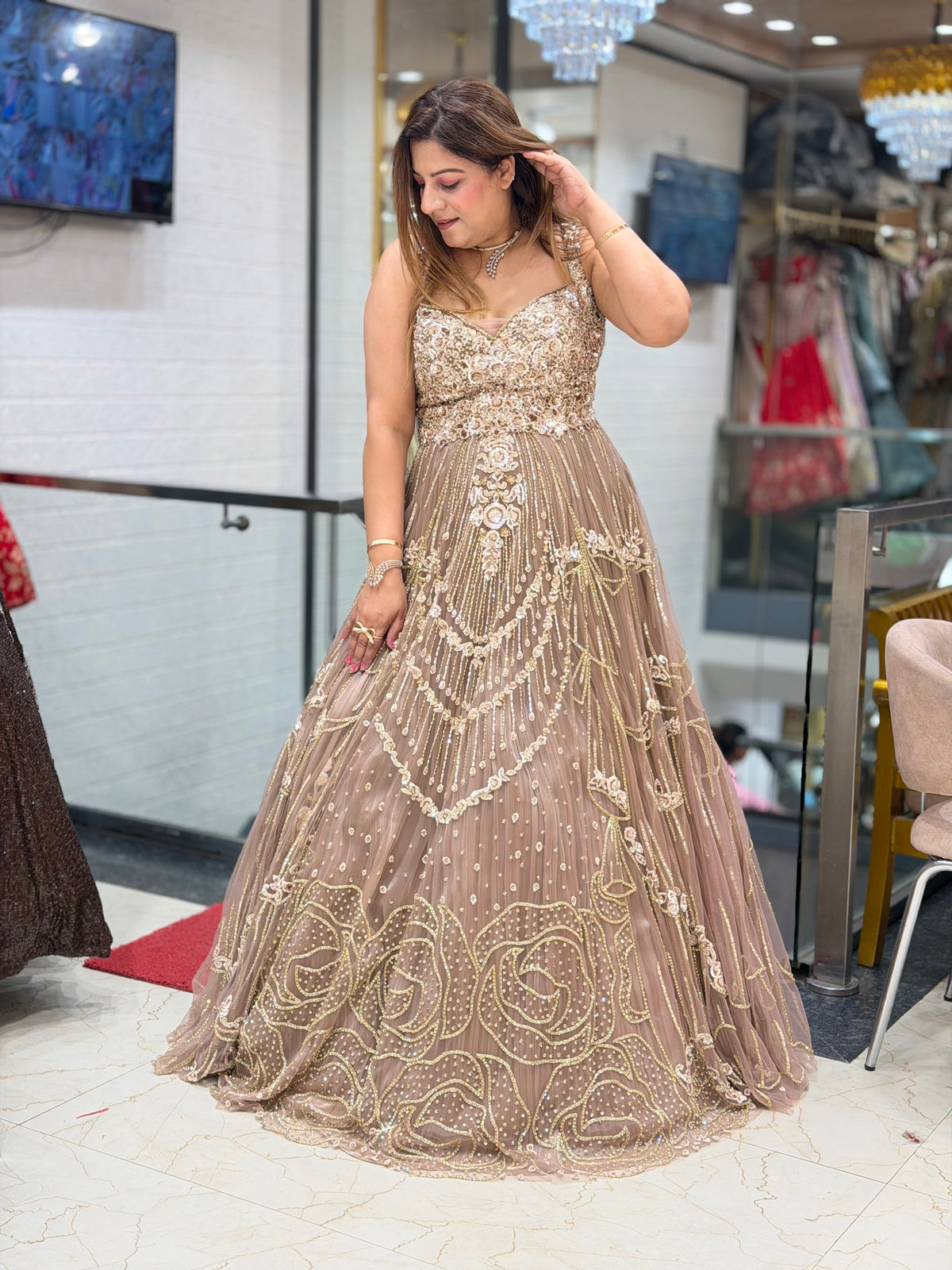 Rose Gold Taupe Heavily Embellished Evening Gown | Increase Fashion