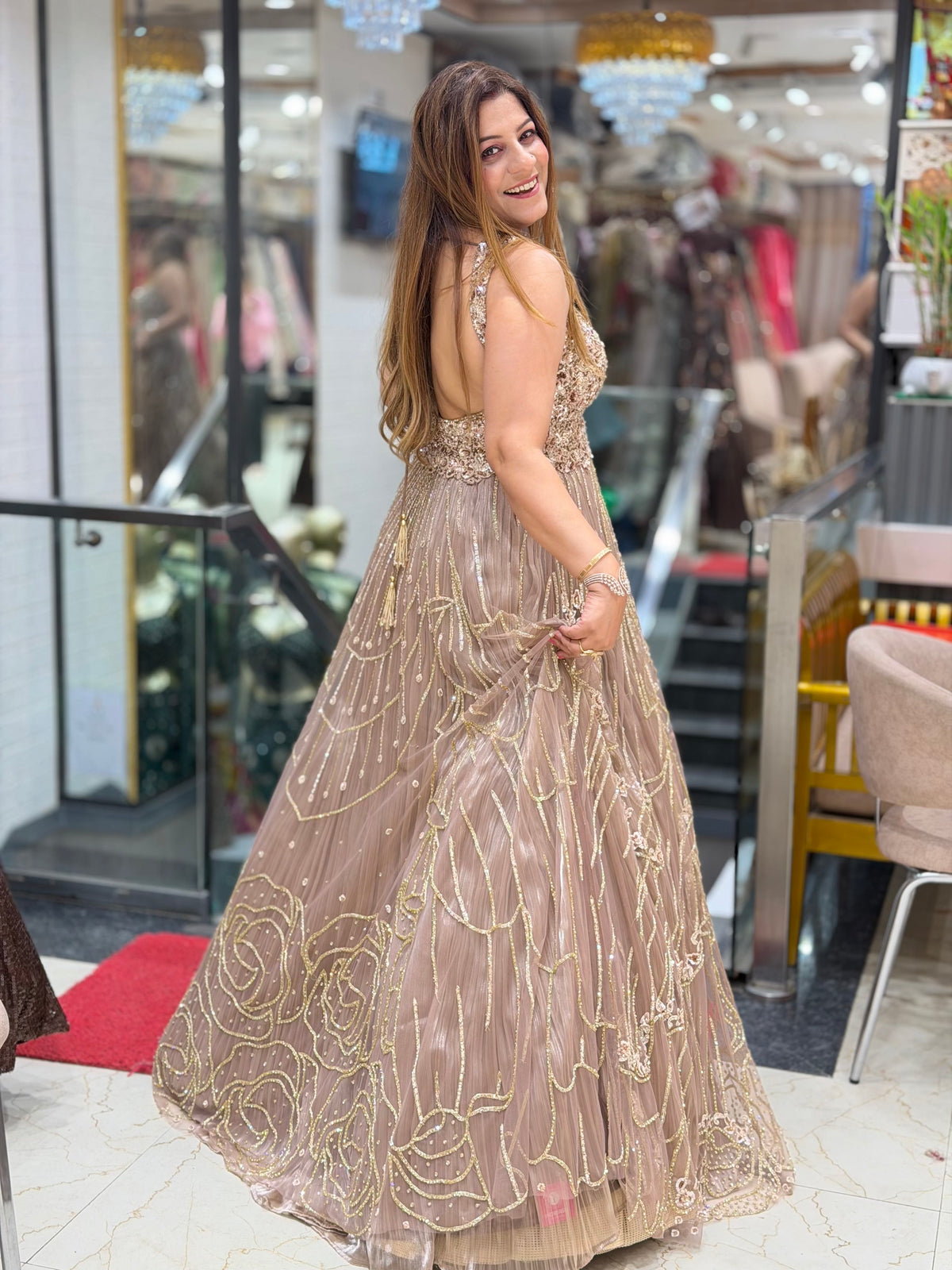 Rose Gold Taupe Heavily Embellished Evening Gown | Increase Fashion