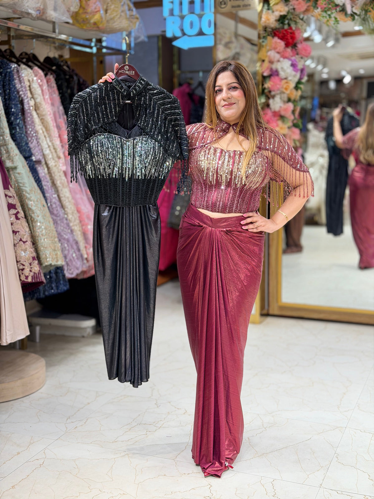 Rose Gold Mauve Cape Top & Draped Dhoti-Drape Skirt Set |  Increase Fashion