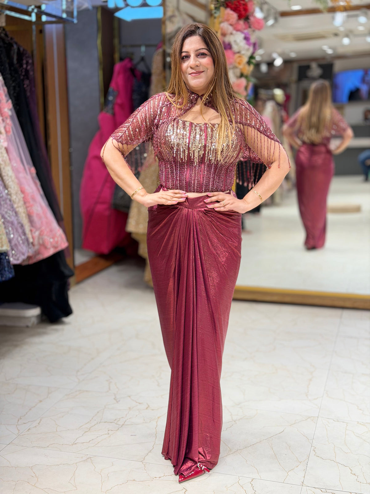 Rose Gold Mauve Cape Top & Draped Dhoti-Drape Skirt Set |  Increase Fashion