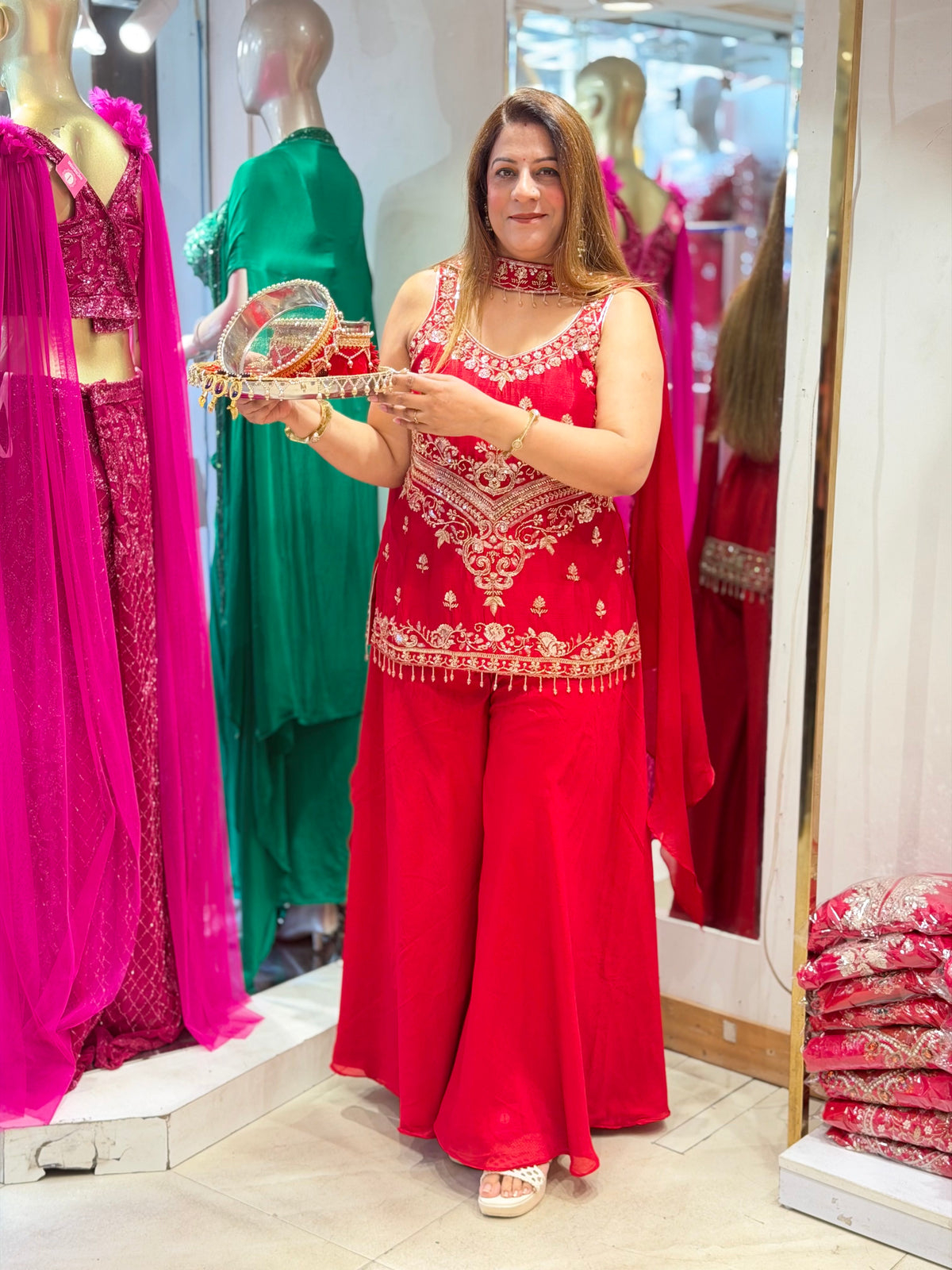 Embroidered Tunic Top & Flared Sharara Set with Scarf – Vibrant Red
