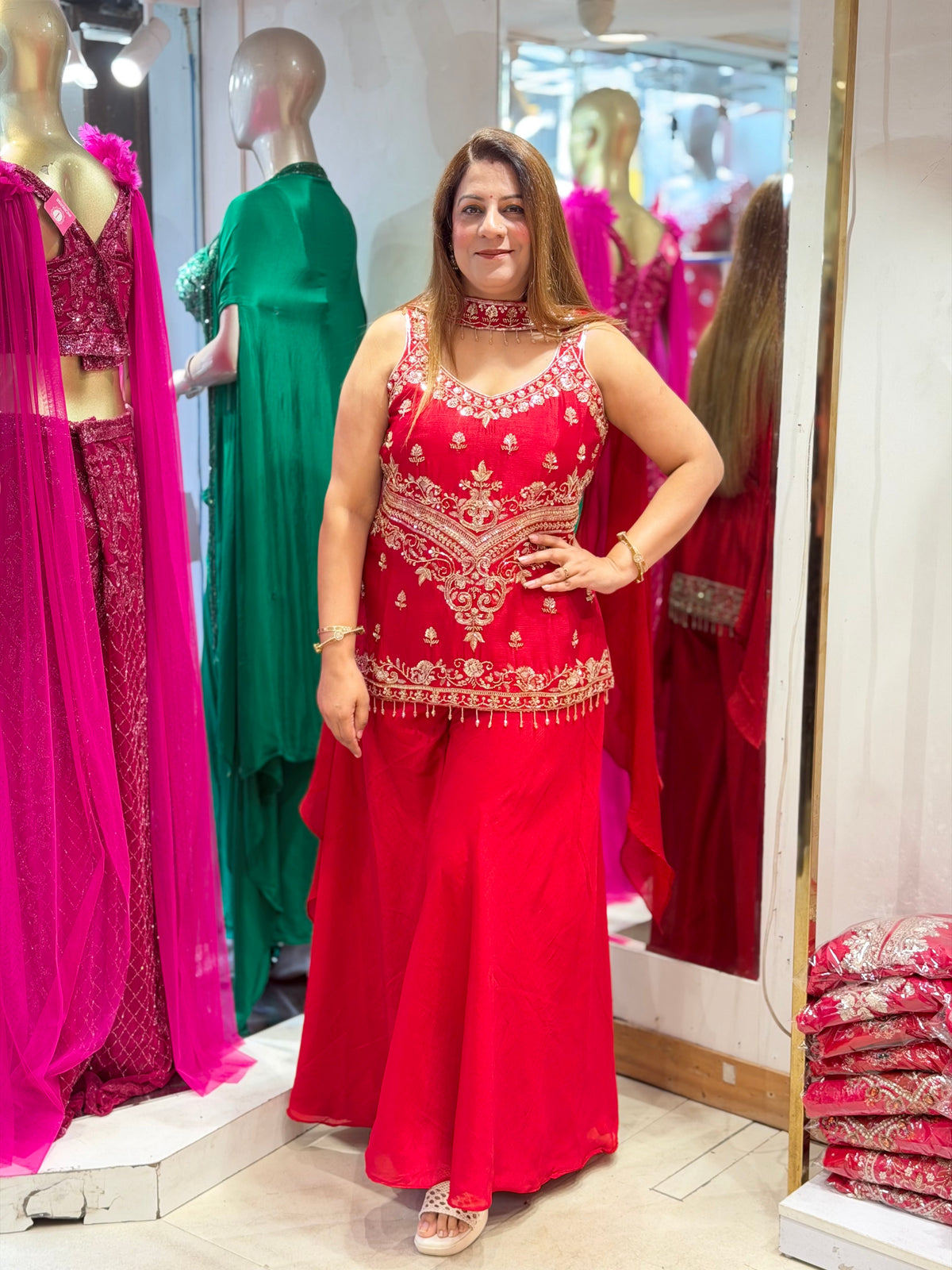 Embroidered Tunic Top & Flared Sharara Set with Scarf – Vibrant Red