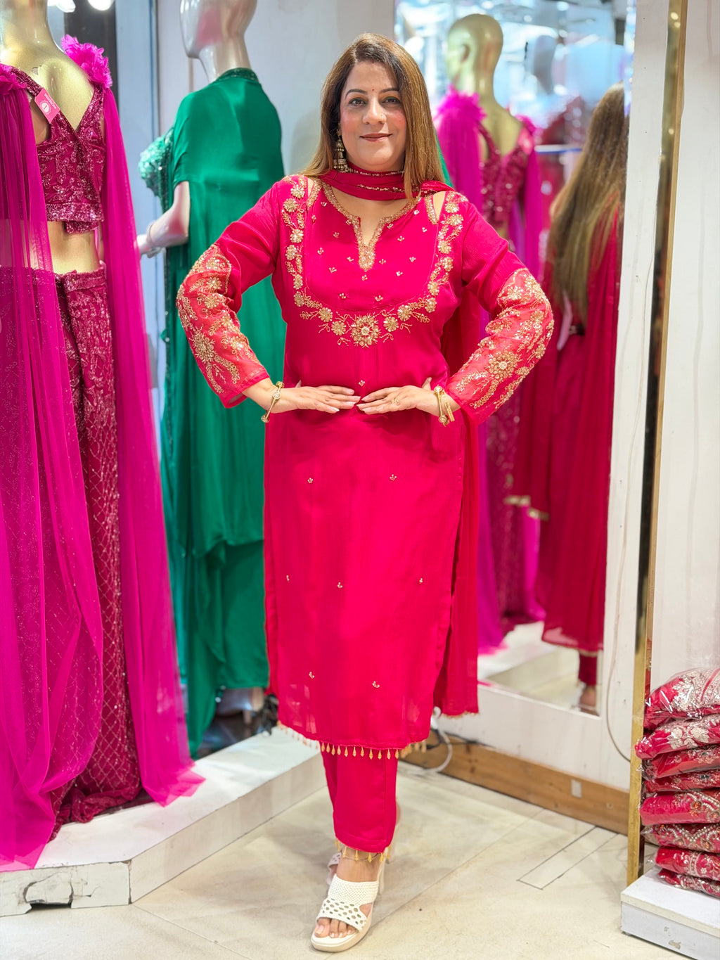 Zardozi Embroidered Straight Kurta Suit Set with Dupatta – Fuchsia Pink