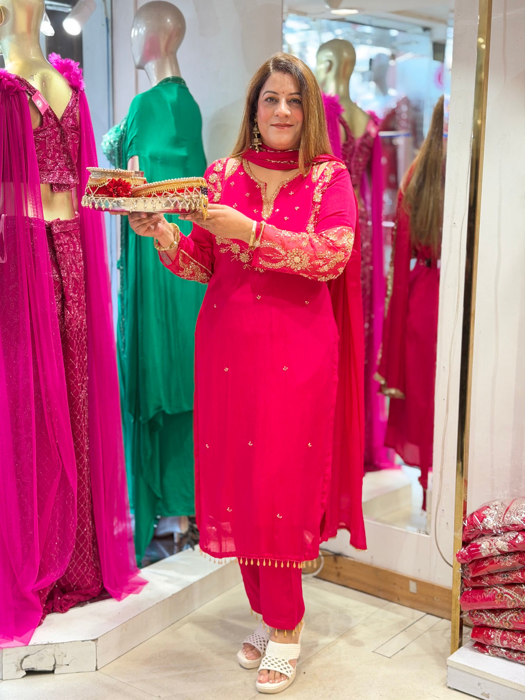 Zardozi Embroidered Straight Kurta Suit Set with Dupatta – Fuchsia Pink