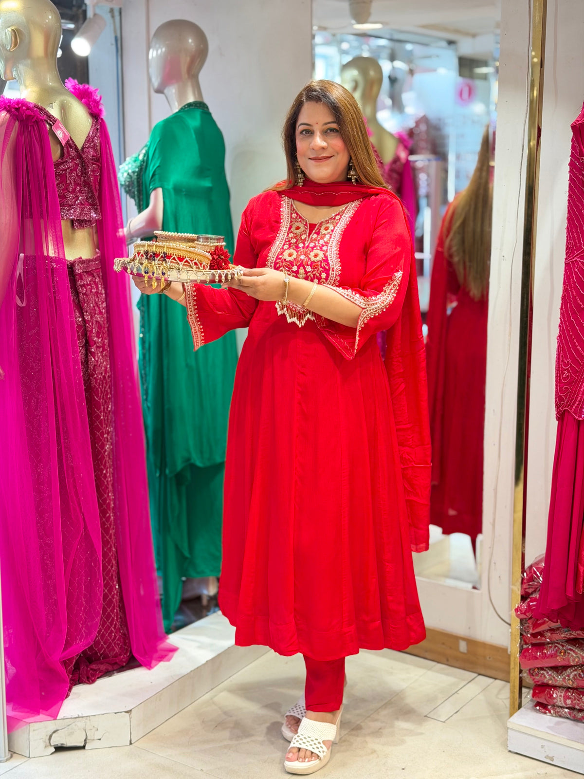 Embroidered Yoke Anarkali Suit Set with Dupatta – Bright Scarlet Red
