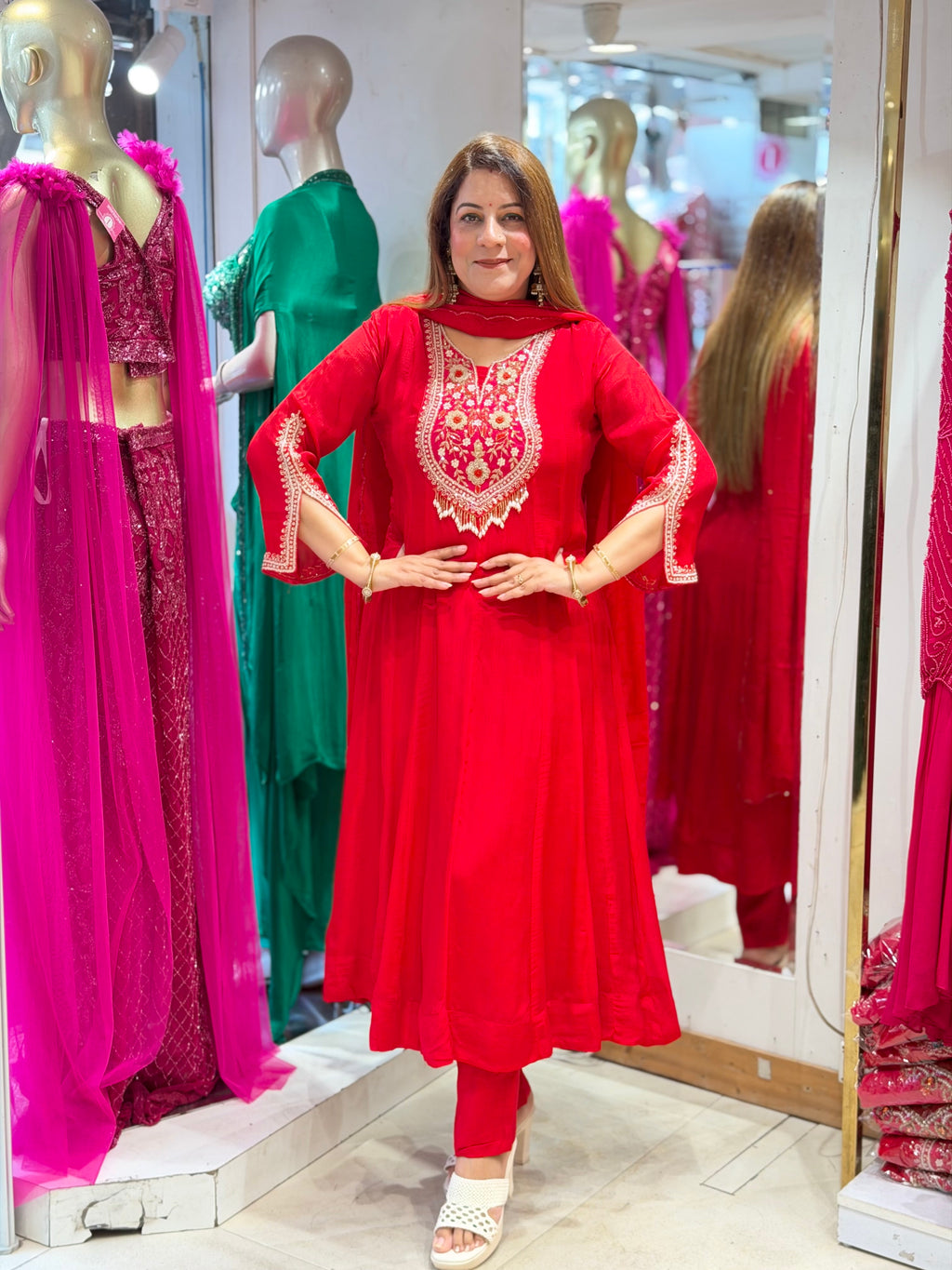 Embroidered Yoke Anarkali Suit Set with Dupatta – Bright Scarlet Red