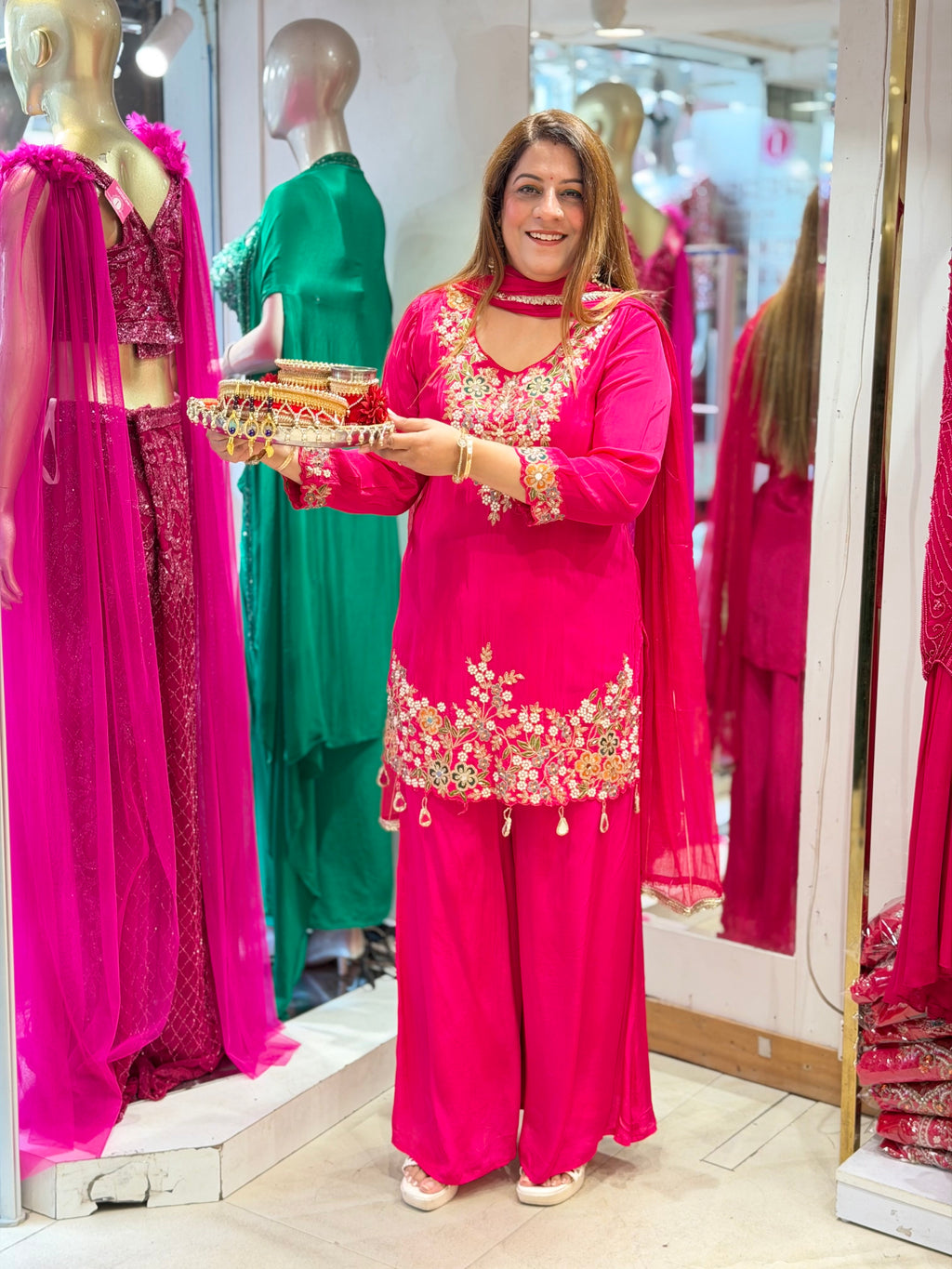 Floral Embroidered Short Kurti & Flared Sharara Set – Rani Pink