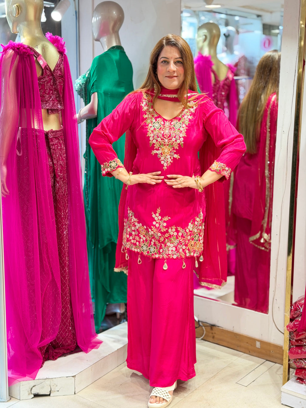 Floral Embroidered Short Kurti & Flared Sharara Set – Rani Pink