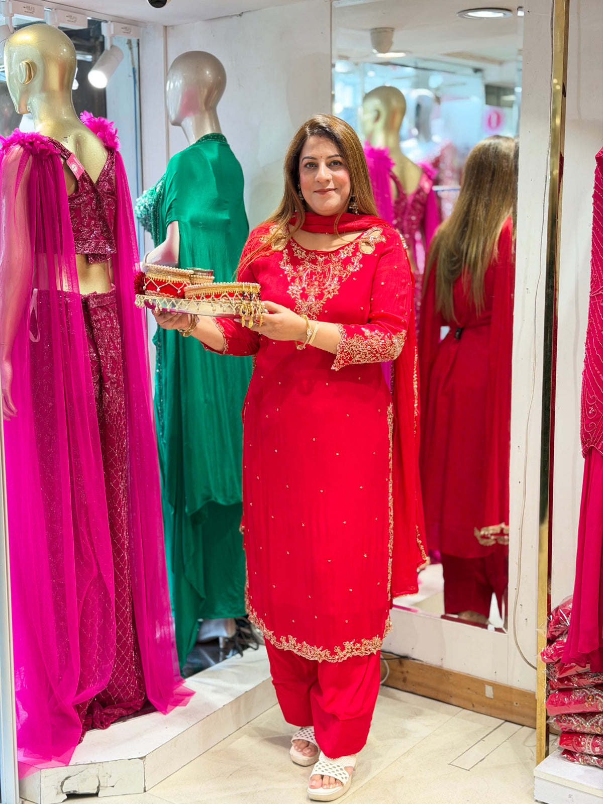 Embroidered Curved-Hem Kurta Suit Set with Dupatta – Bright Crimson