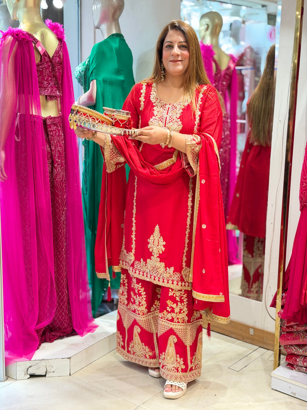 Traditional Zardozi Embroidered Kurta Sharara Set with Dupatta – Crimson Red