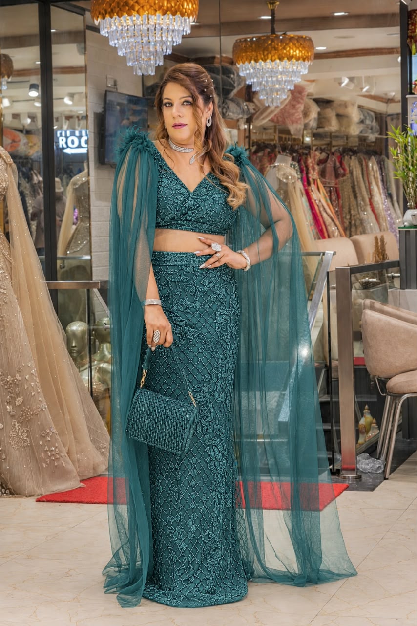 Sequined Cape Lehenga Set with Feather Details | Increase Fashion