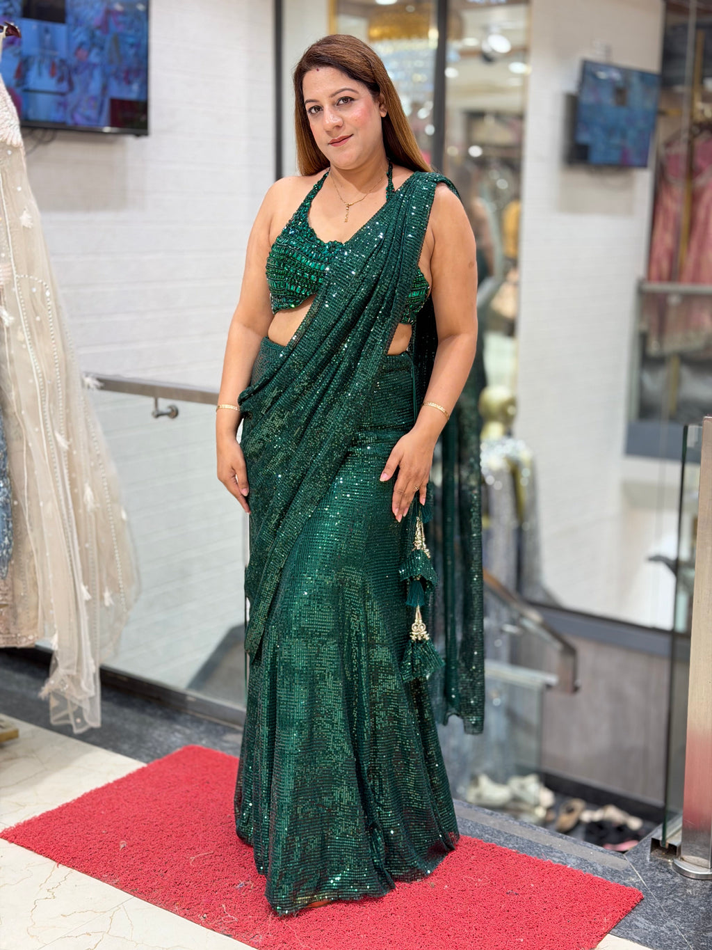 Sequined Ready-to-Wear Pre-Draped Saree Set – Emerald Green