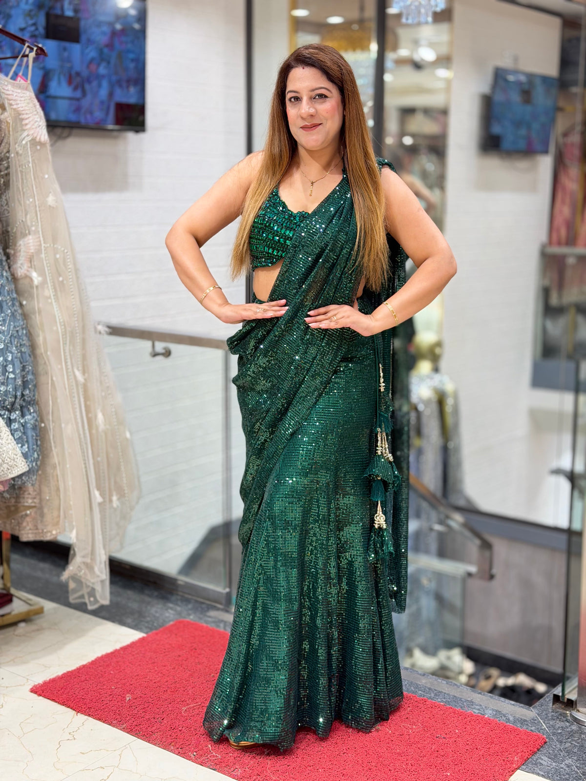 Sequined Ready-to-Wear Pre-Draped Saree Set – Emerald Green