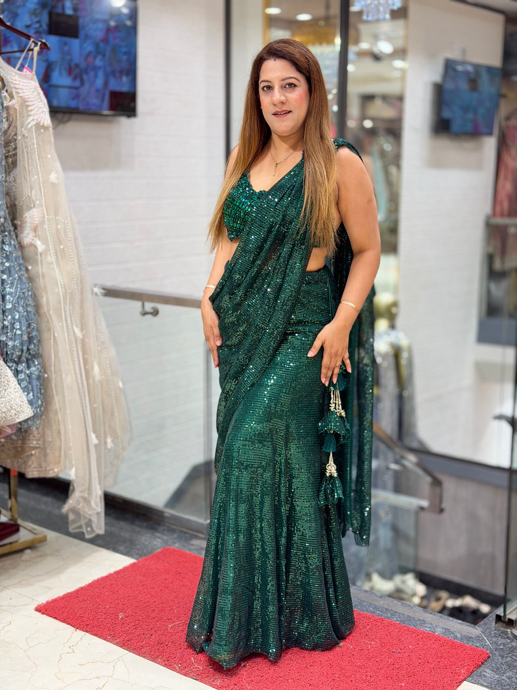 Sequined Ready-to-Wear Pre-Draped Saree Set – Emerald Green