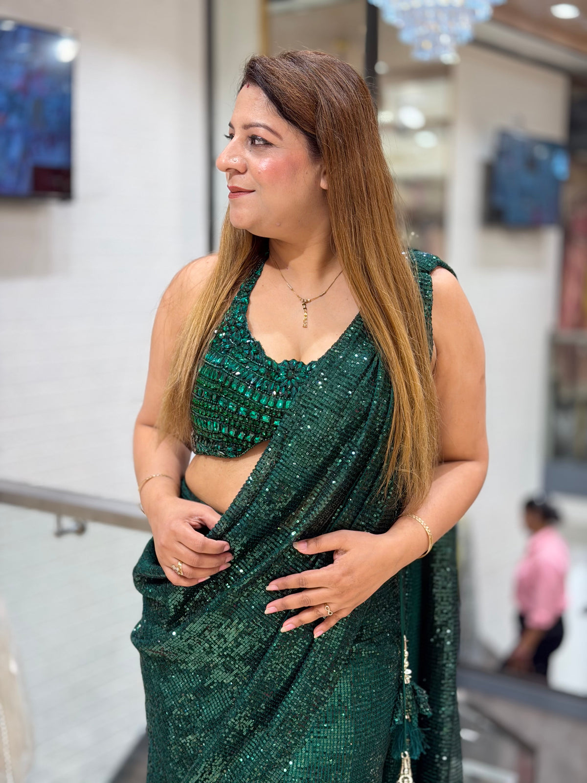 Sequined Ready-to-Wear Pre-Draped Saree Set – Emerald Green