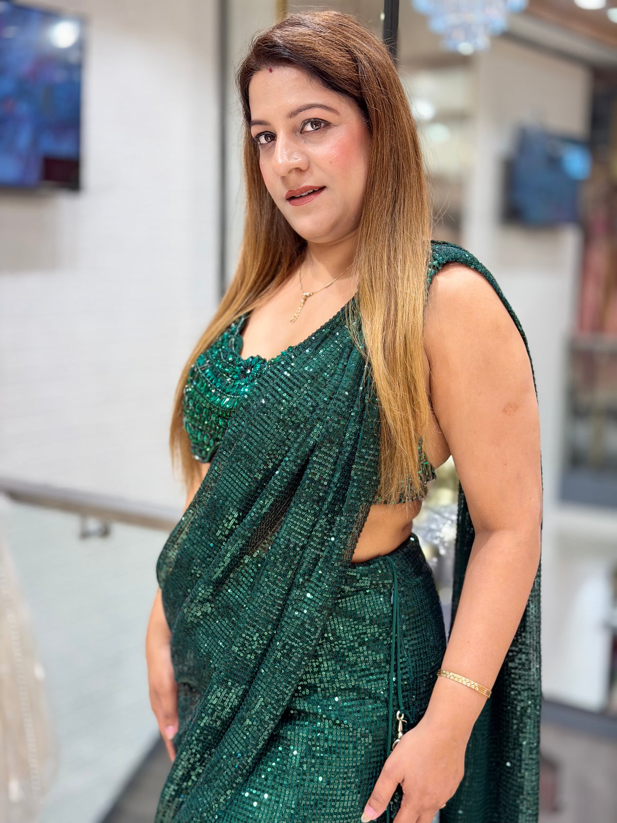 Sequined Ready-to-Wear Pre-Draped Saree Set – Emerald Green