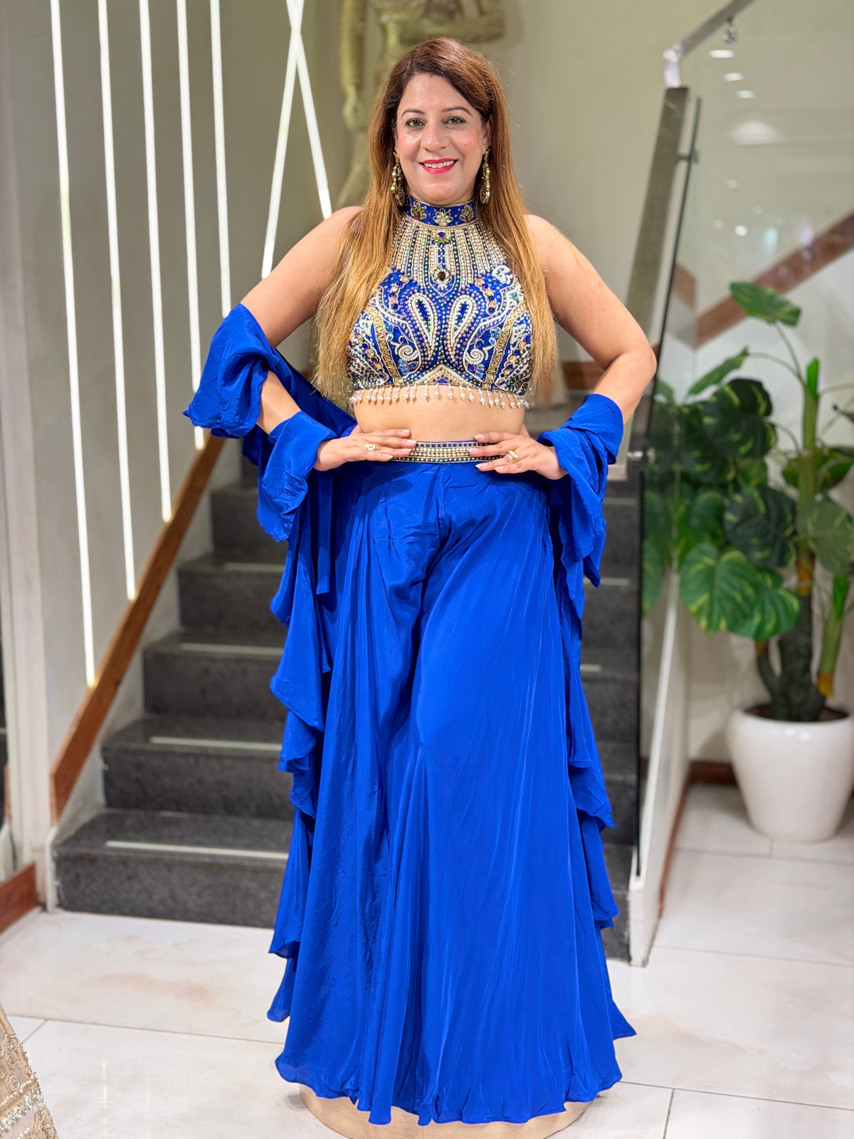 Royal Blue Halter Neck Crop Top & Sharara Set with Ruffled Cape