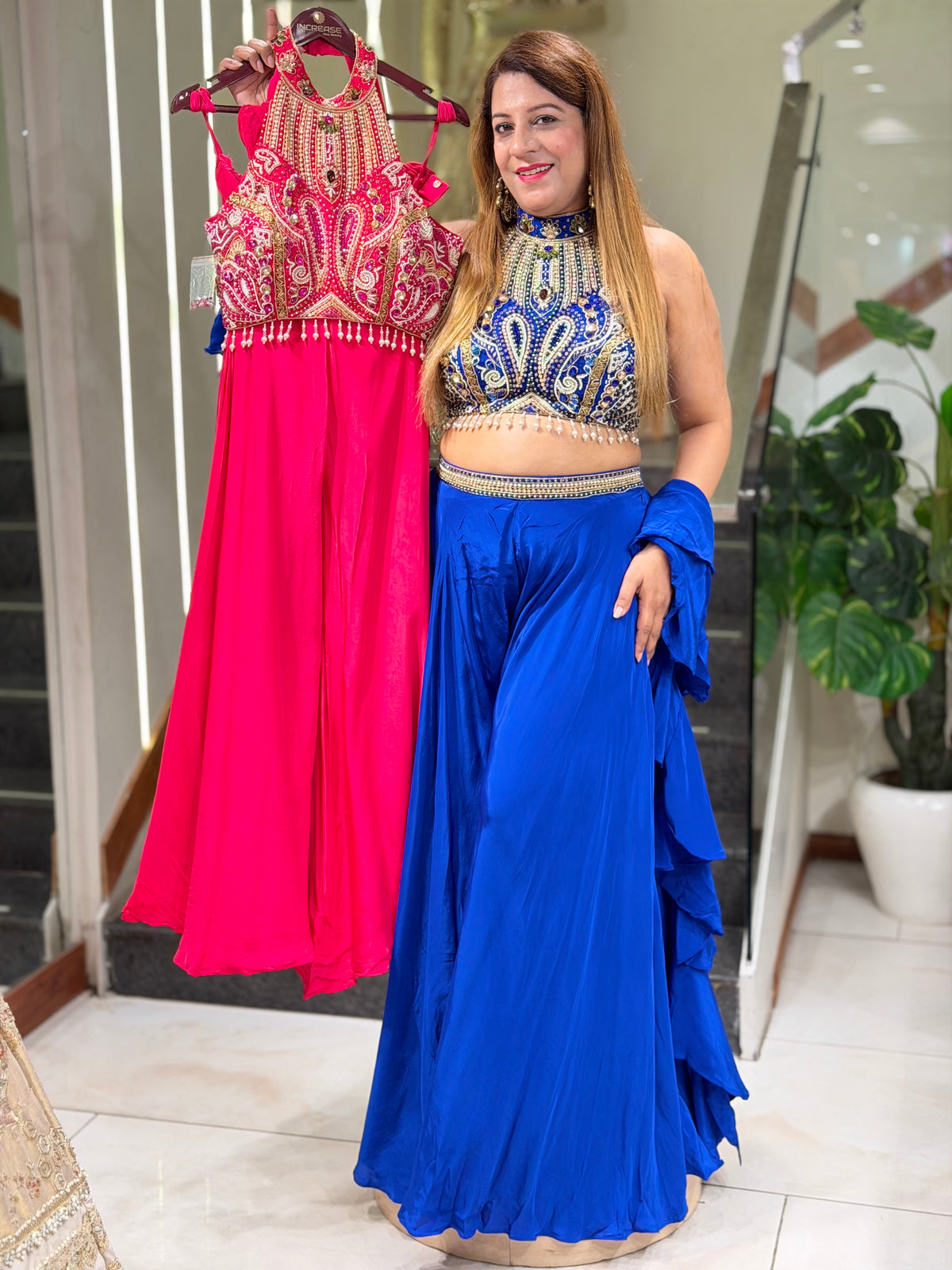 Royal Blue Halter Neck Crop Top & Sharara Set with Ruffled Cape