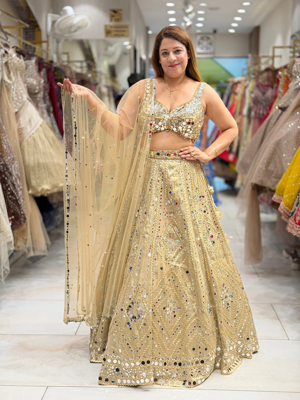 Mirror Work Geometric Embroidered Lehenga Set – Metallic Champagne Gold
