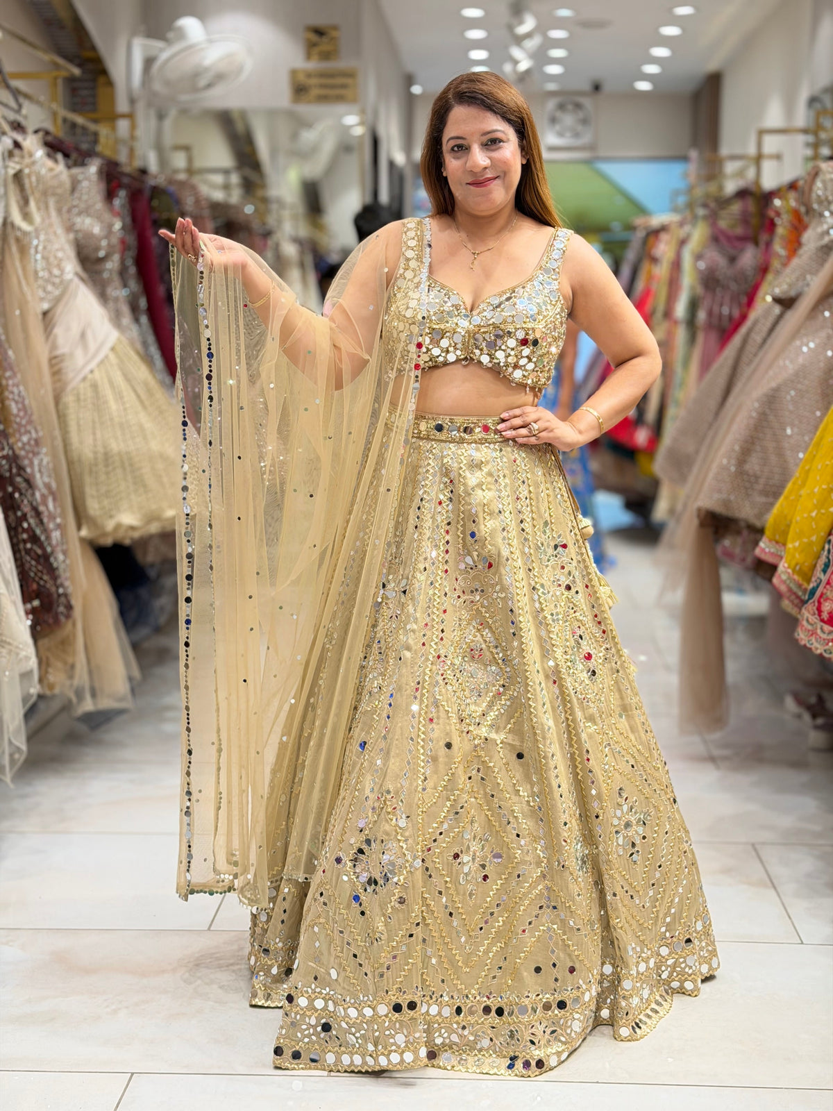 Mirror Work Geometric Embroidered Lehenga Set – Metallic Champagne Gold