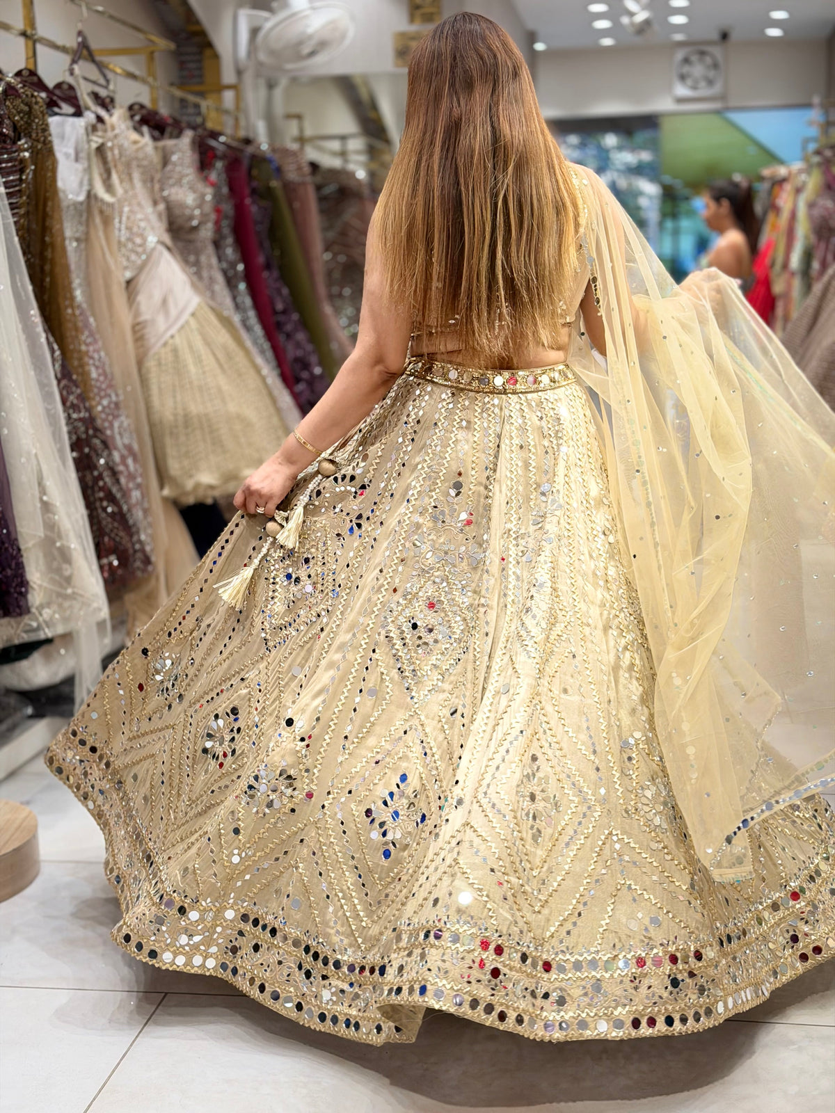 Mirror Work Geometric Embroidered Lehenga Set – Metallic Champagne Gold