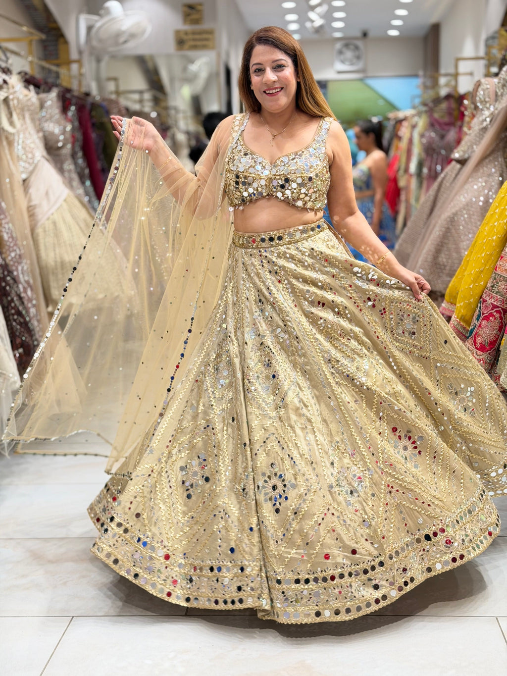 Mirror Work Geometric Embroidered Lehenga Set – Metallic Champagne Gold